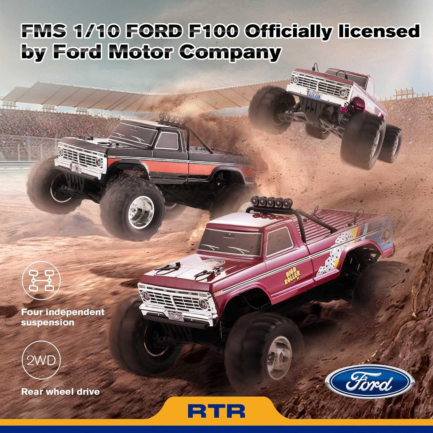 FMS 1/10 RC Truck Ford F100 – 2WD Monster Truck with Licensed Body, 550 Brushed Motor, Oil Shocks, Independent Suspension – All-Terrain RC Crawler, High Speed Off-Road RC Car for Gift（Red High Roller）