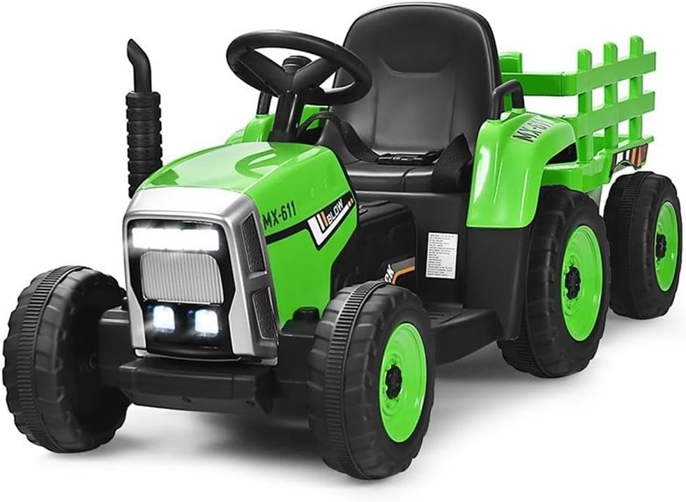 Pemberly Row 12V Kids Ride On Tractor with Trailer Ground Loader Green