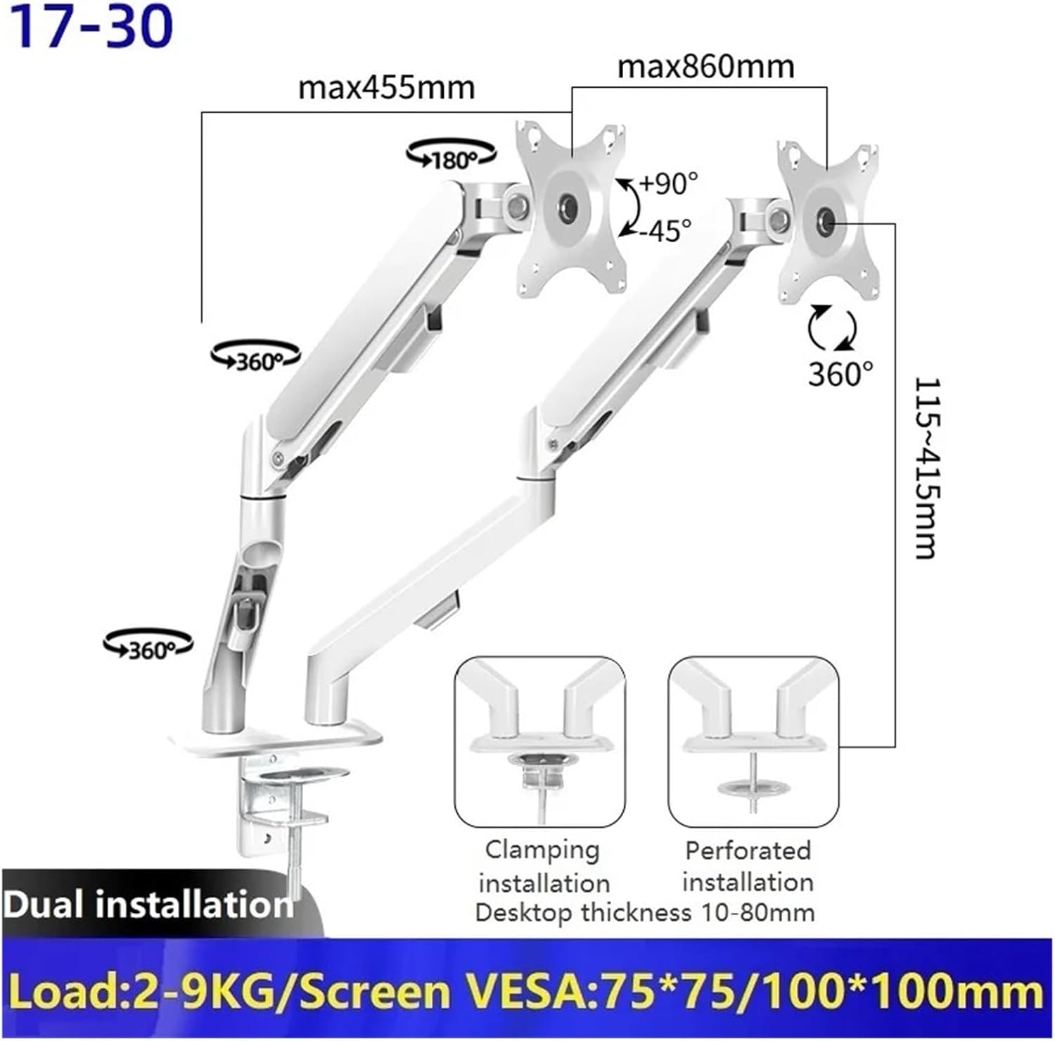 17-30 inch dual monitor desktop stand gas spring full motion LCD TV stand ergonomic bracket clip-on bracket PC M22(M22W)