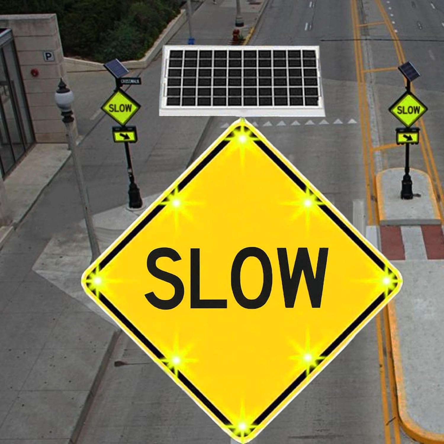 Solar Powered Reflective Slow Warning Sign LED Flashing Speed Reduce Warning Sign, 24 Inch Street Safety Slow Sign for Communities, Driveways, Residential Areas, Streets/Roads