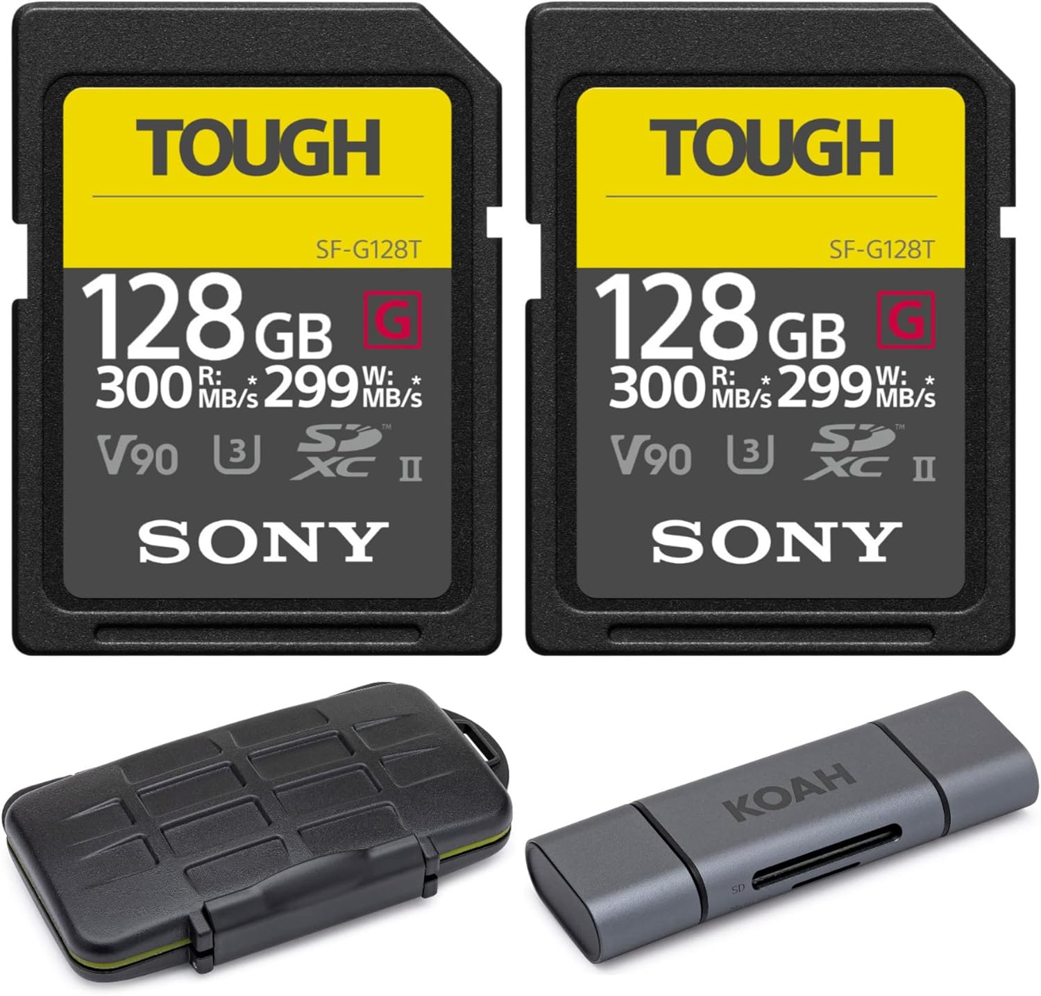 Sony 128GB UHS-II Tough G-Series SD Card Bundle (2-Pack) with Aluminum Type-C SD Card Reader Compatible with Up to 512GB Capacity Cards and Rugged Memory Storage Case (4 Items)