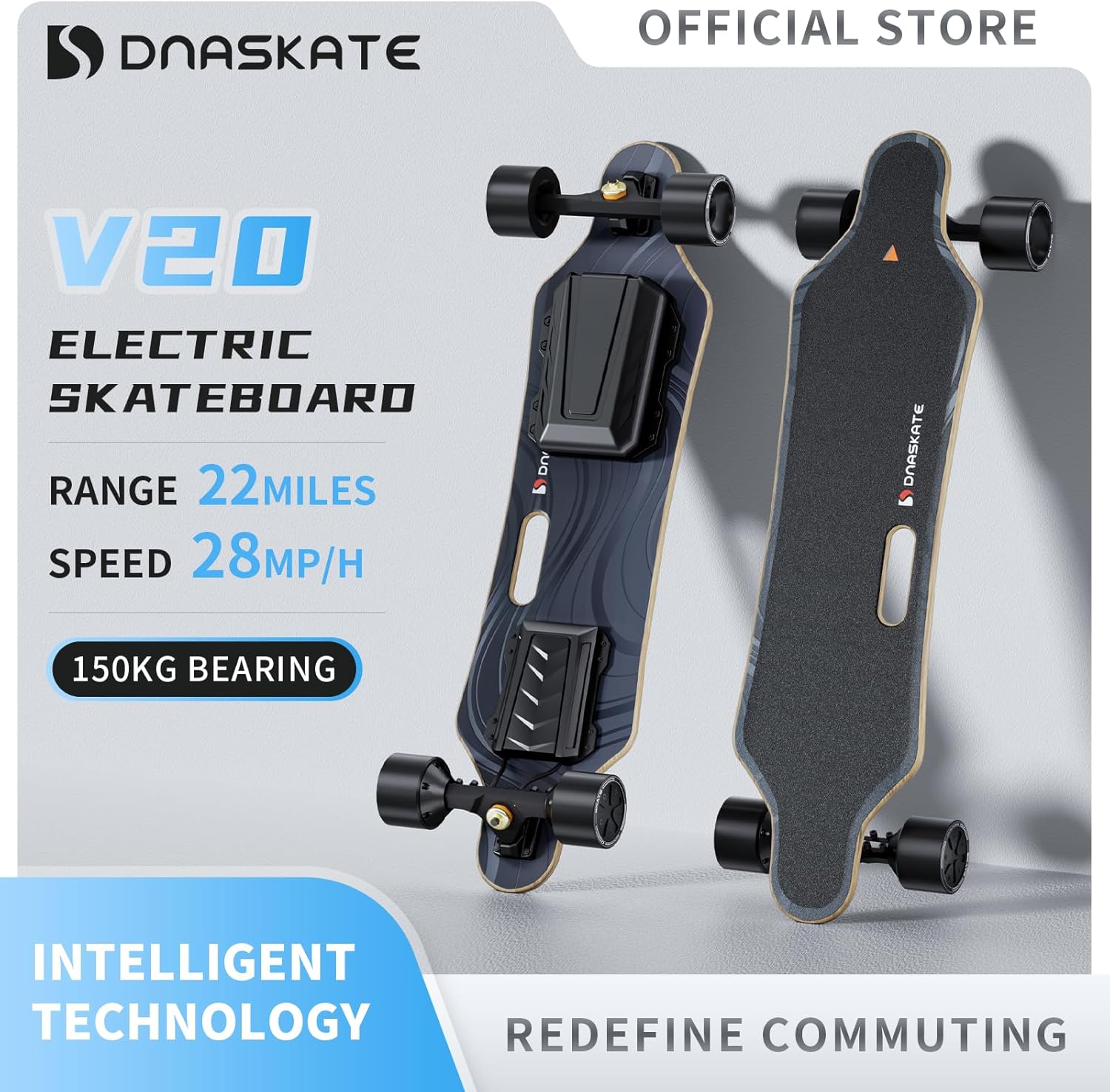 V20 Electric Skateboard with Remote, 28 Mph Top Speed,22 Miles Range,1000W Hub-Motor, Longboard Skateboard for Adults ＆Teens