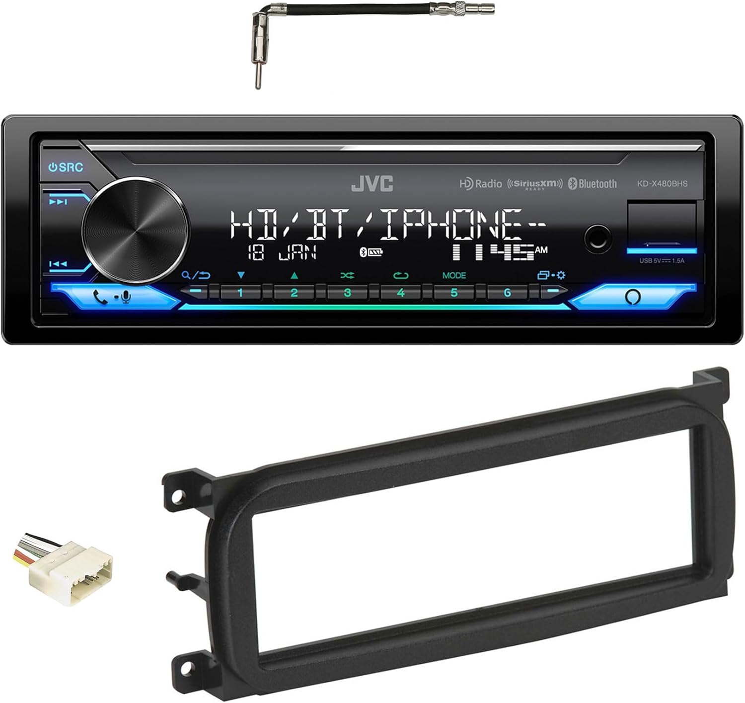 Audiosavings Bundle: JVC KD-X480BHS 1-Din Car Stereo Receiver Bundle with METRA 40-CR10 Antenna Adaptor