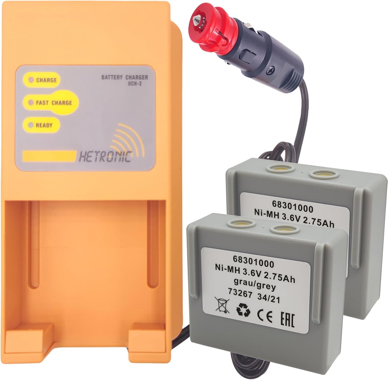 (1 Pack) Hetronic UCH-2 Input 10-30V DC Out 300/780mA Battery Charger with (2 Pack) 3.6V Hetronic 68301000 Battery for Hetronic 68301000 68300900 68300600 68300940 KH68300990 3.6v Batteries