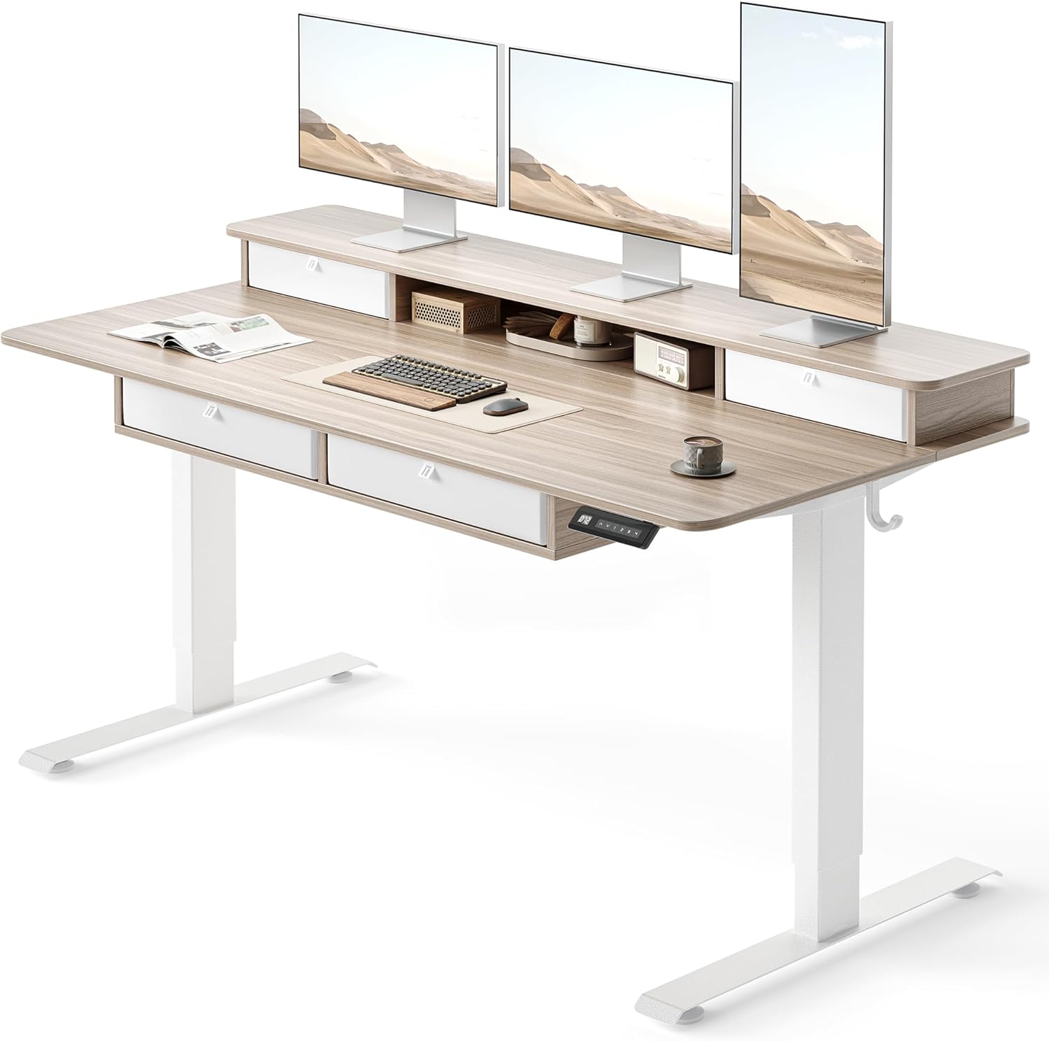 FEZIBO 60 x 30 inch Standing Desk with Drawers, Height Adjustable Electric Workstation, Computer Sit Stand Up Table with Large Storage Shelf 4 Drawers and 2 Hooks, Light Rustic Brown
