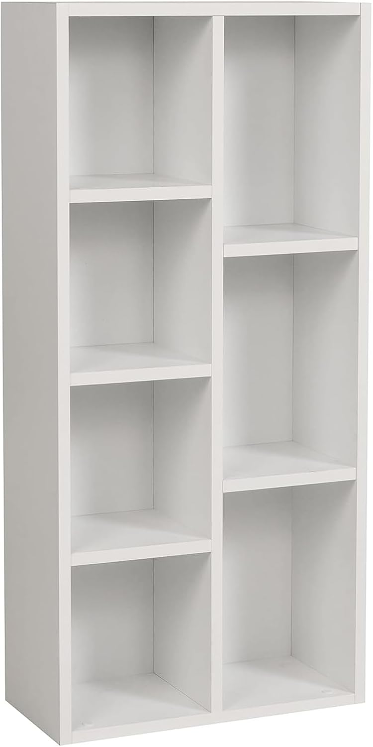 furni24 Bookcase with 7 Compartments, Wooden Shelf, Cube Shelf, Storage Shelf, White, 49.5 x 24 x 106 H