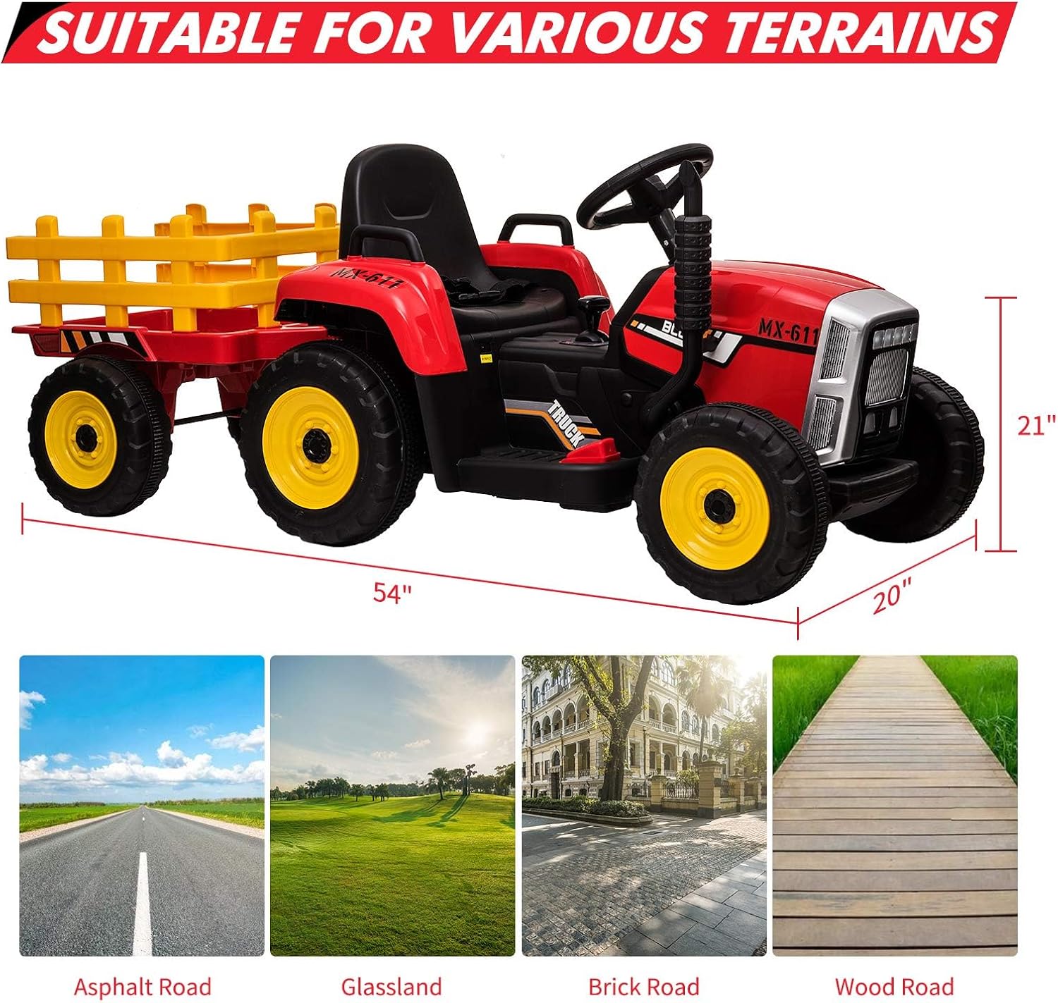 12V Kids Ride On Tractor Battery Powered Electric Tractor with Trailer, EVA Treaded Tires, LED Headlights, Remote Control, 2+1 Gear Shift, MP3, USB (Red)