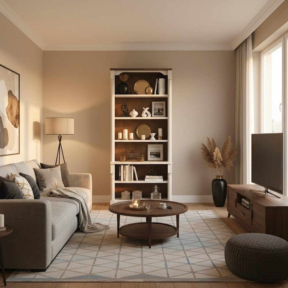 Starlight Canyon Home Rustic Open Wood Bookcase, 8 Feet Tall, 4 Adjustable Shelves, Fixed Stability Shelf, Weathered White Finish, Cherry Top