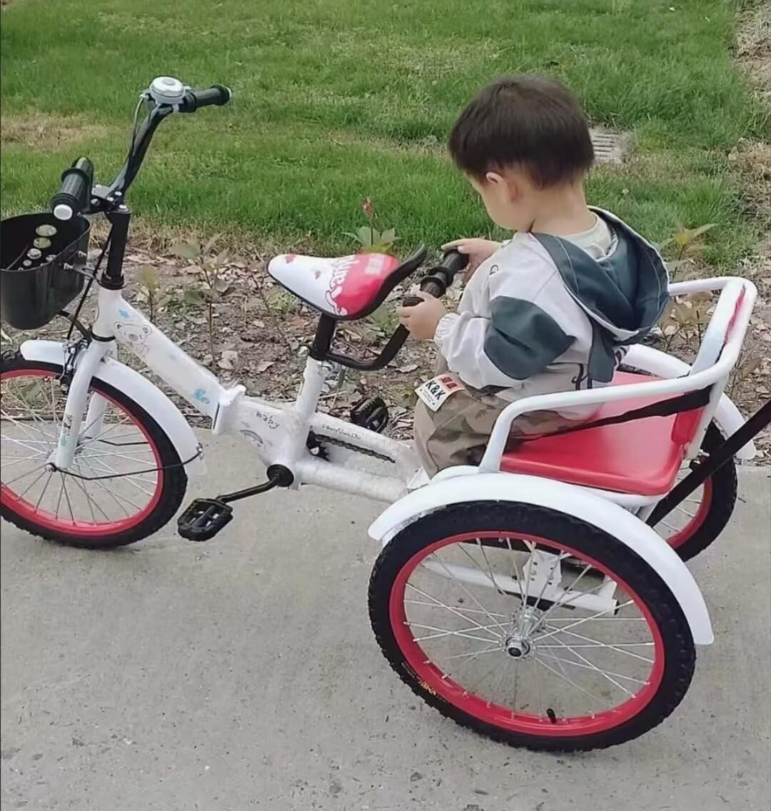 Folding Toddler Pedal Tricycle for Aged 3-10 Years Old,Children Large Tricycle with Rear Push Rod and armrest,Tandem Rickshaw trikes with Large Rear seat,3 Wheeled Cruiser Bike