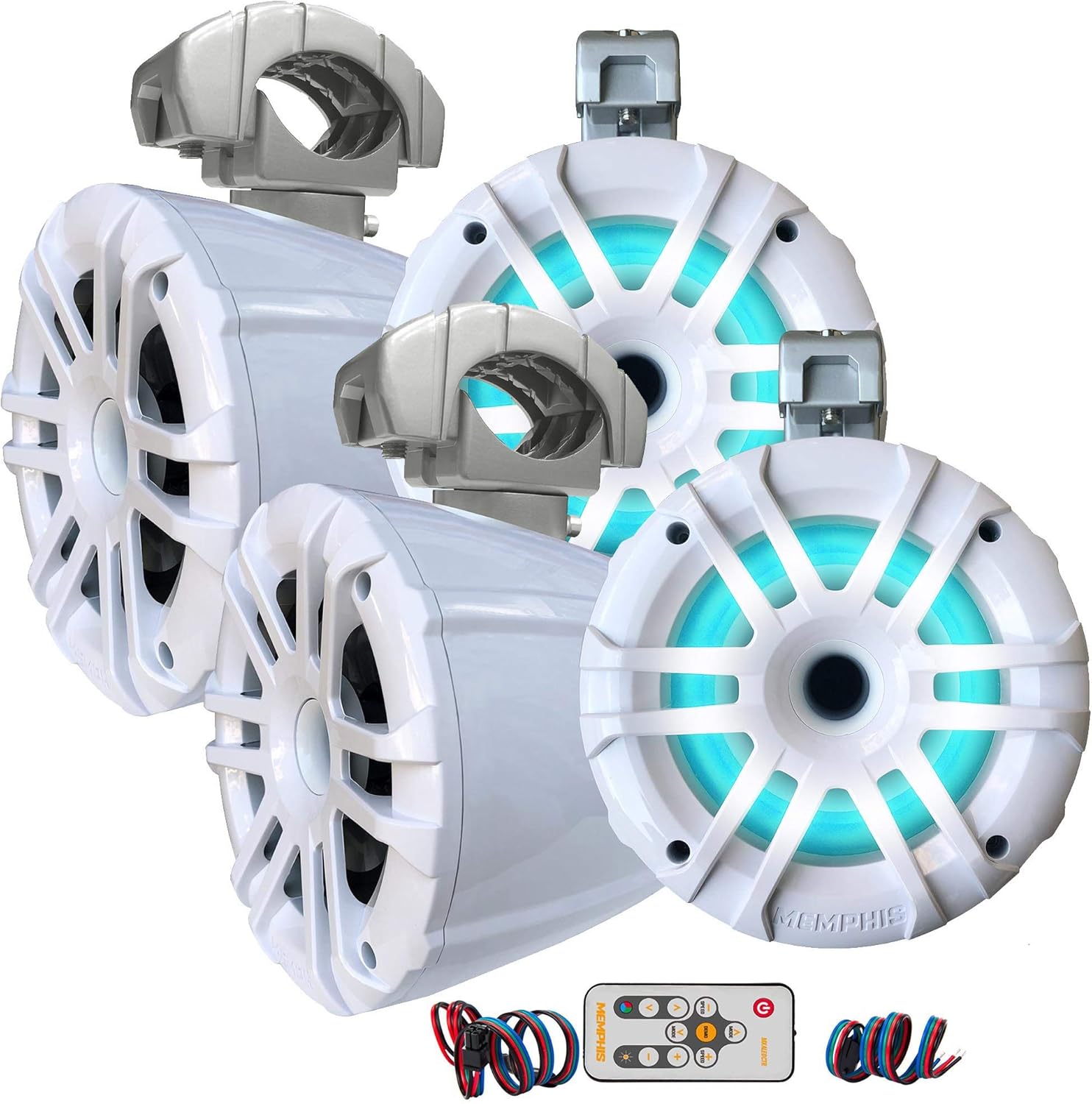 Memphis Audio LED Tower Speaker Bundle with 4 (2 Pairs) MXA62TW White 6.5 Compression Speakers with Swivel Mounting Clamps and Remote