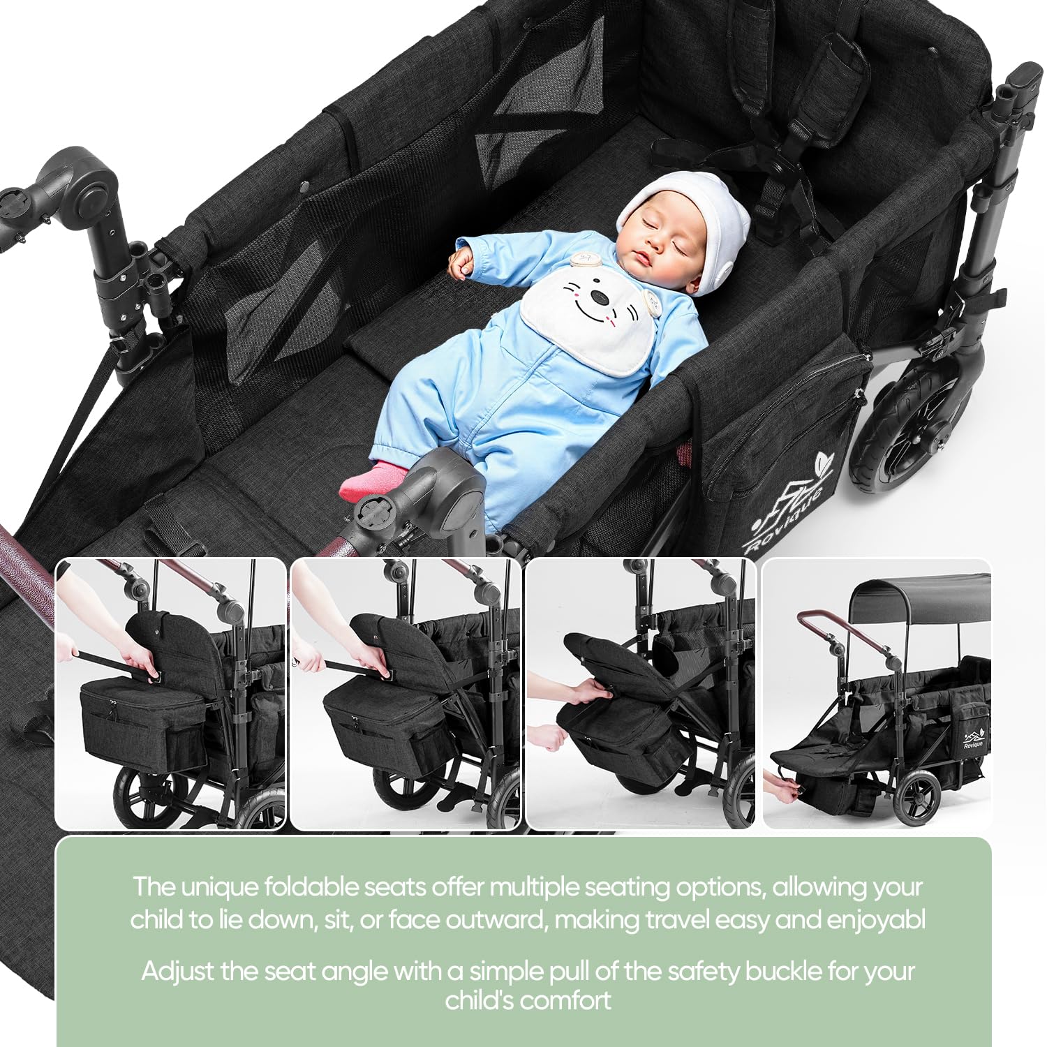 Stroller Wagon for 2 Kids,Premium Wagon for Kids with Removable Canopy,Snack Tray,All-Terrain PU Wheels & Adjustable Push/Pull Handle (Black)