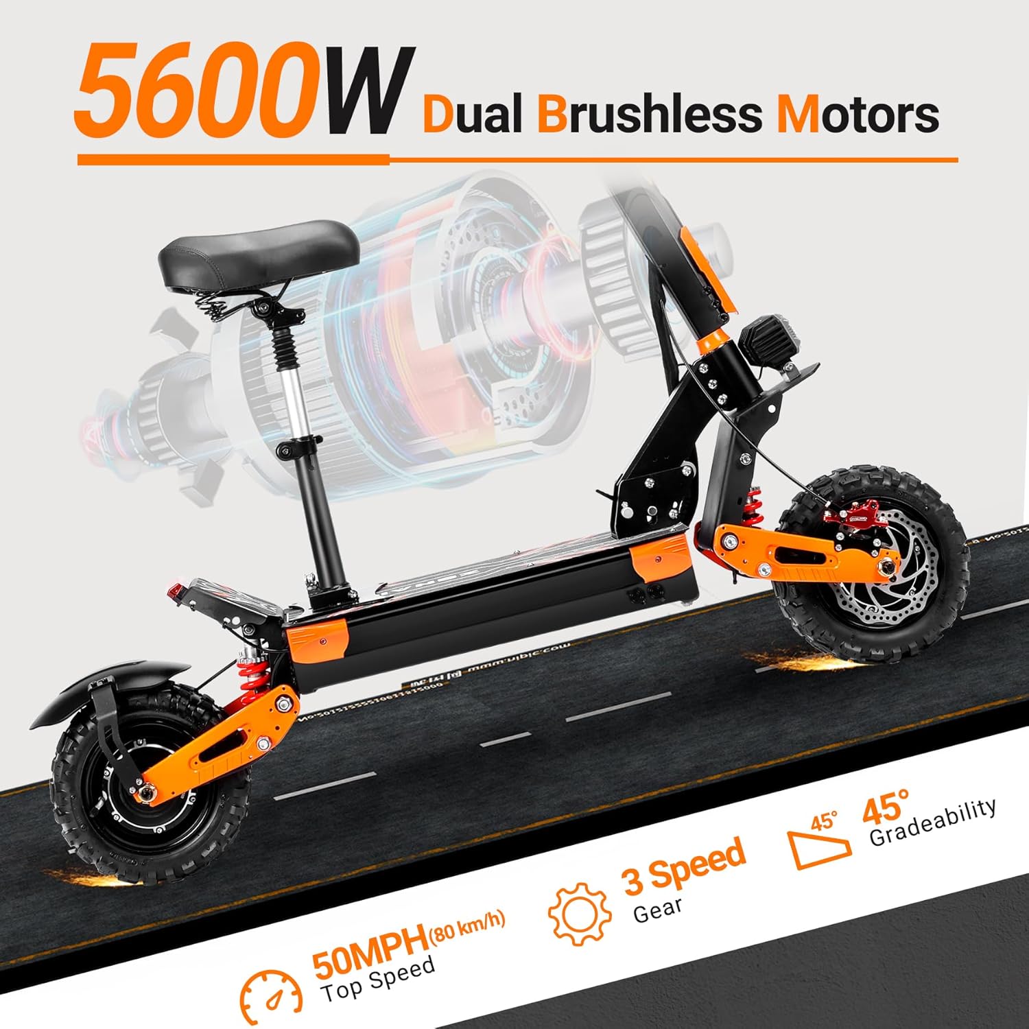 Electric Scooter for Adults, 5600W Dual Motor, 50MPH Top Speed, 60V 30Ah Battery, Up to 60 Miles Range, 11” All-Terrain Tires, Foldable E-Scooter with Detachable Seat