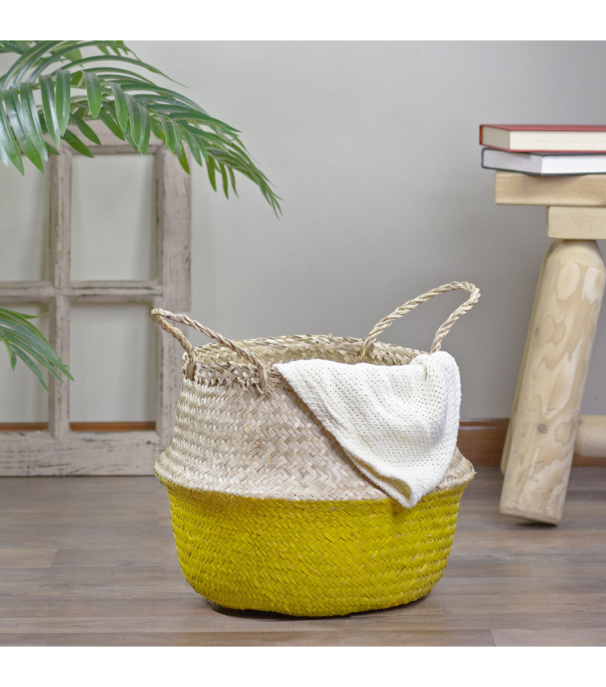 Northlight 15.5 Beige & Yellow Belly Basket With Handles