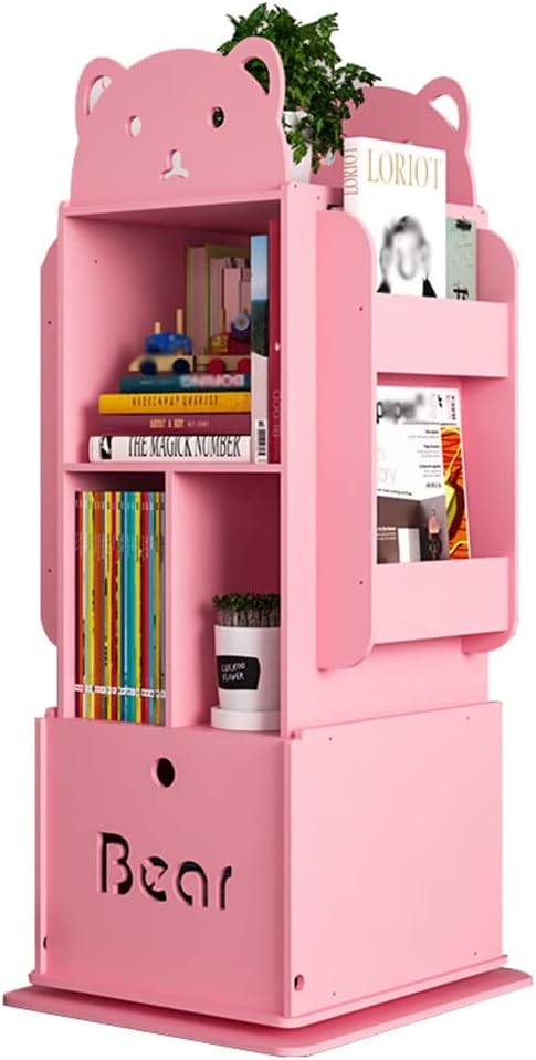 360 Degree Rotation Kids Bookshelf, Floor Standing Wood Plastic Board Cartoon Bear Bookcase, Picture Book Toy Book Display Storage Rack (Color : Pink)