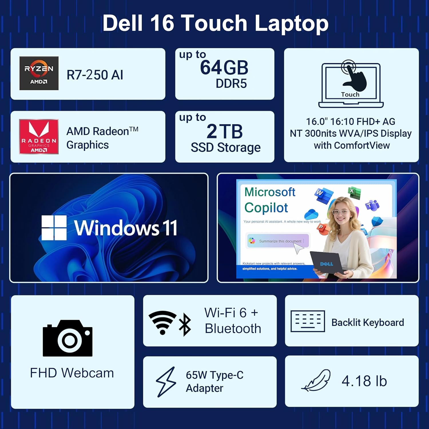 Dell 16-inch Touchscreen AI Powered Laptop, AMD Ryzen 7 250 Processor, 16 Tops NPU, AI Copilot Key, Lifetime Office 365, WiFi 6, Bluetooth, Backlit KB, Windows 11 Home (64GB DDR5 RAM, 2TB PCIe SSD)