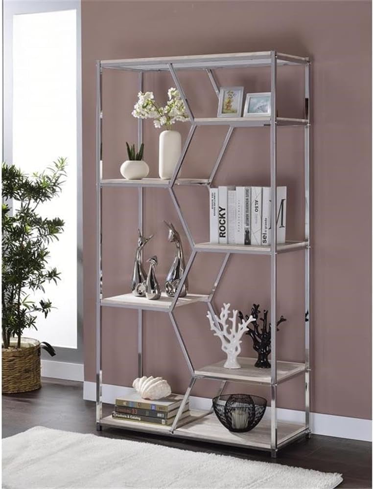 BOWERY HILL Modern Metal 7-Shelf Bookcase in Chrome and White