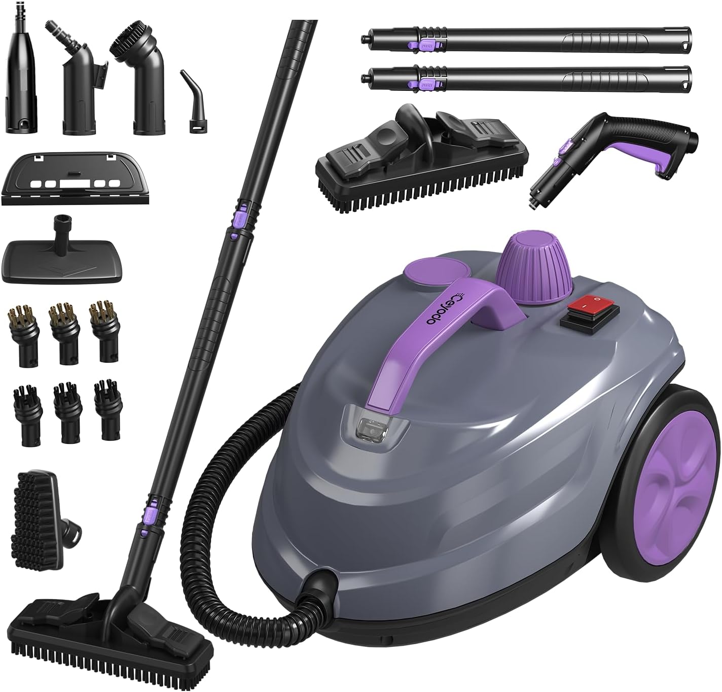 Steam Cleaner, Powerful Heavy Duty Canister Steamer with 34 Accessories, Steam Mop with 16.4 Ft Extra-Long Power Cord for Home Floor Cleaning, Grout, Upholstery, Car Detailing, Purple