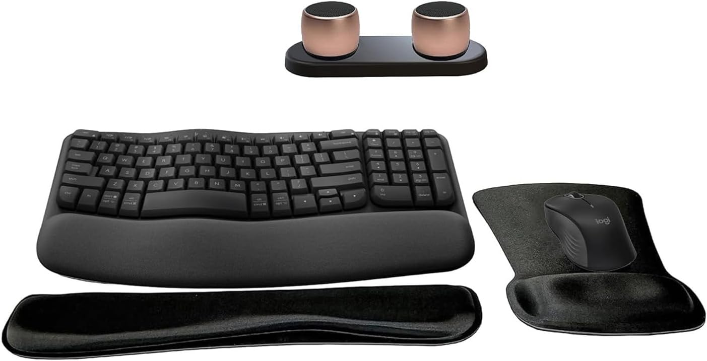 Logitech MK670 Comfort Wave Wireless Keyboard & Mouse Combo Travel Home Office Bundle with Set of 2 Pro Portable Wireless Bluetooth Speakers, Charging Tray, Gel Wrist Pad & Gel Mouse Pad
