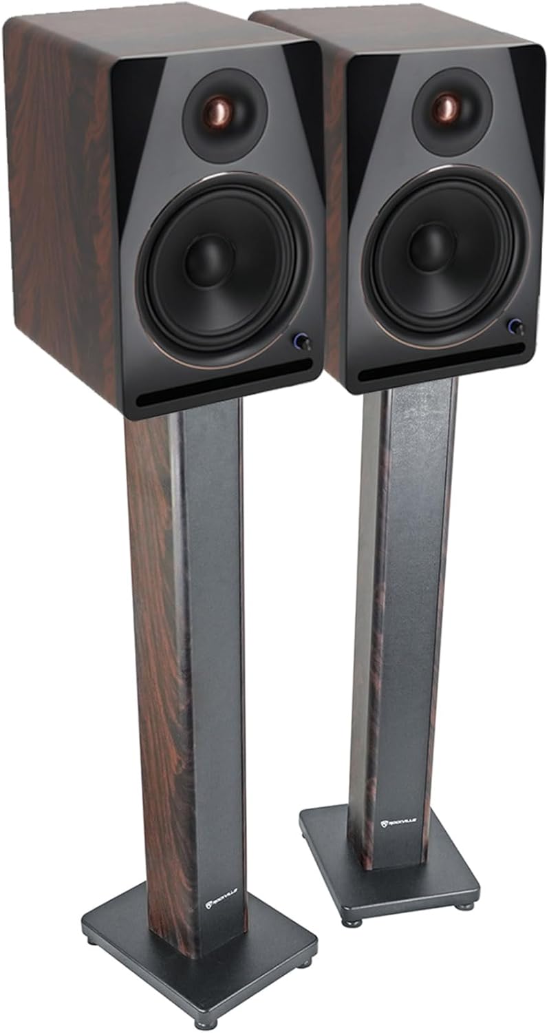Rockville APM8D V2 Bundle: Pair 8 in 500W Peak 160W RMS Powered Studio Monitor Speakers USB Bluetooth, Pair RHTSD 36 in Dark Wood-Grain Bookshelf Speaker Stands, 2 Items