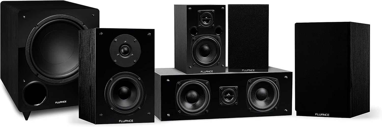 Fluance Elite High Definition Compact Surround Sound Home Theater 5.1 Channel Speaker System Including 2-Way Bookshelf, Center Channel, Rear Surrounds and DB10 Subwoofer - Black Ash (SX51BC)