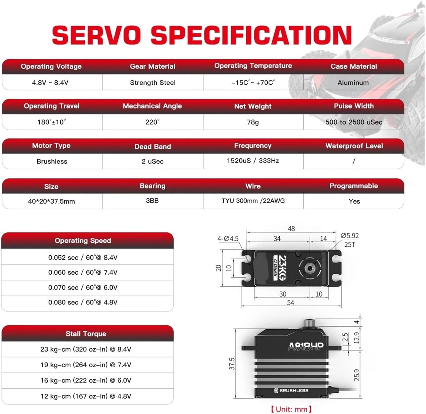 A81BHP 23KG Super High Speed ​​Steel Gear HV Brushless Programmable Standard Steering Servo Suitable for 1/8(A81BHP 23kg Servo)