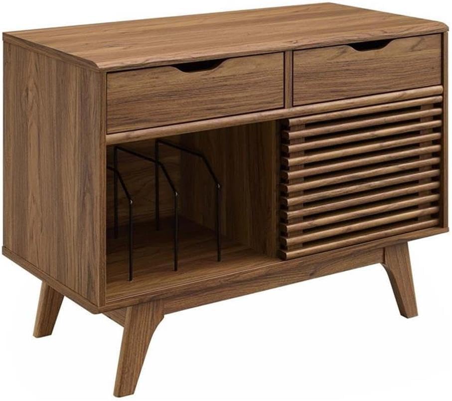 Allora Modern Wood Record Display Stand with Two Drawers in Walnut