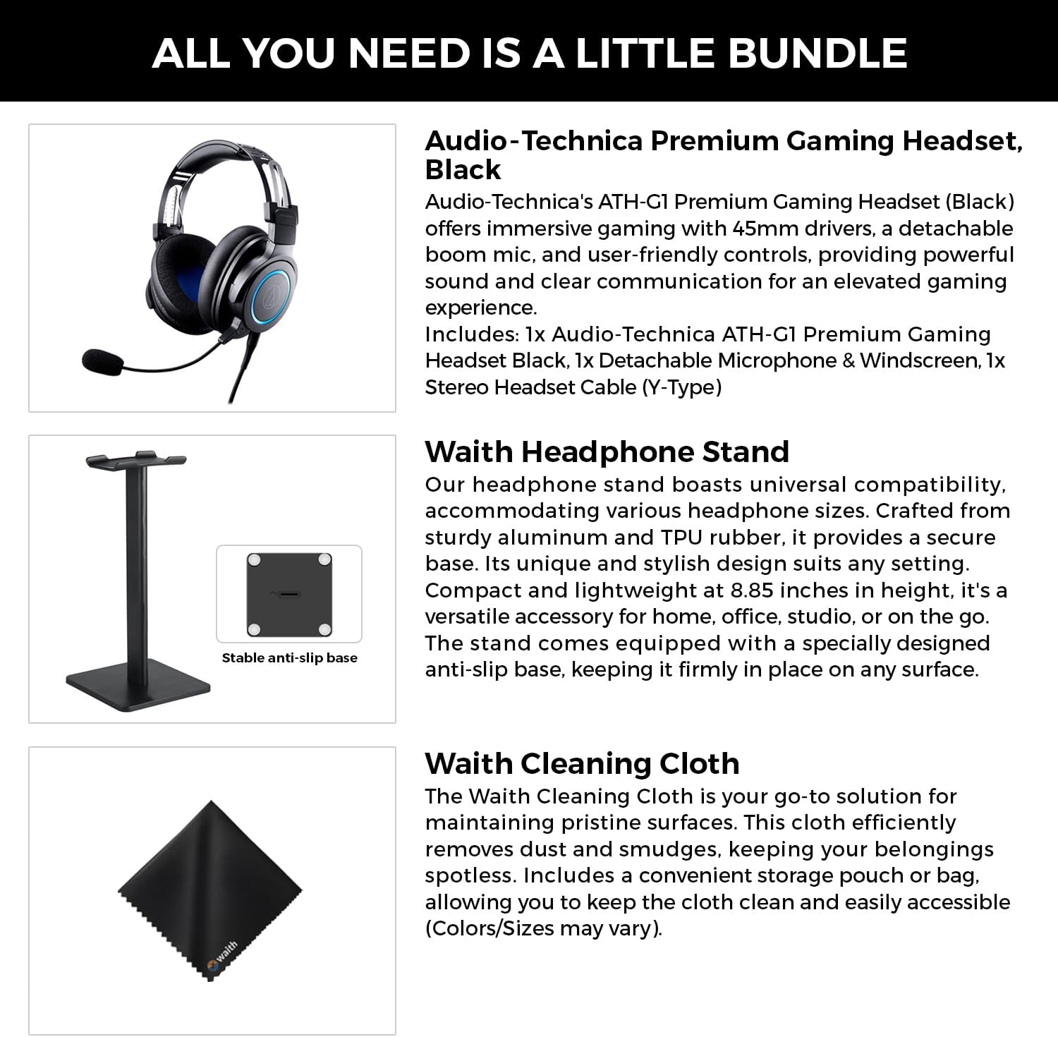 Audio-Technica ATH-G1 Closed Back Premium Wired Gaming Headset with Detachable Boom Mic, Waith Aluminum Headset Stand (Black) and Waith Microfibre Cleaning Cloth with Bag (Essential Bundle Set)