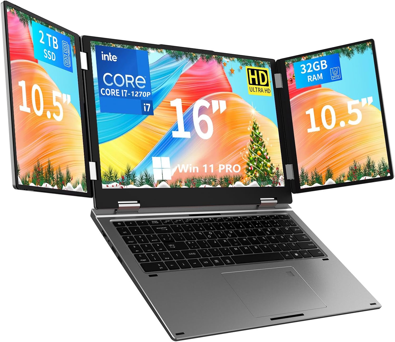 Triple Screen Laptop,16” Main + Dual 10.5” Monitors, Core i7-12700H, 32GB RAM,2TB SSD, Win 11 Pro,Wi-Fi 5,BT 5.0,Face & Fingerprint Unlock,USB-C,HDMI for Business/Design/Stock Trading