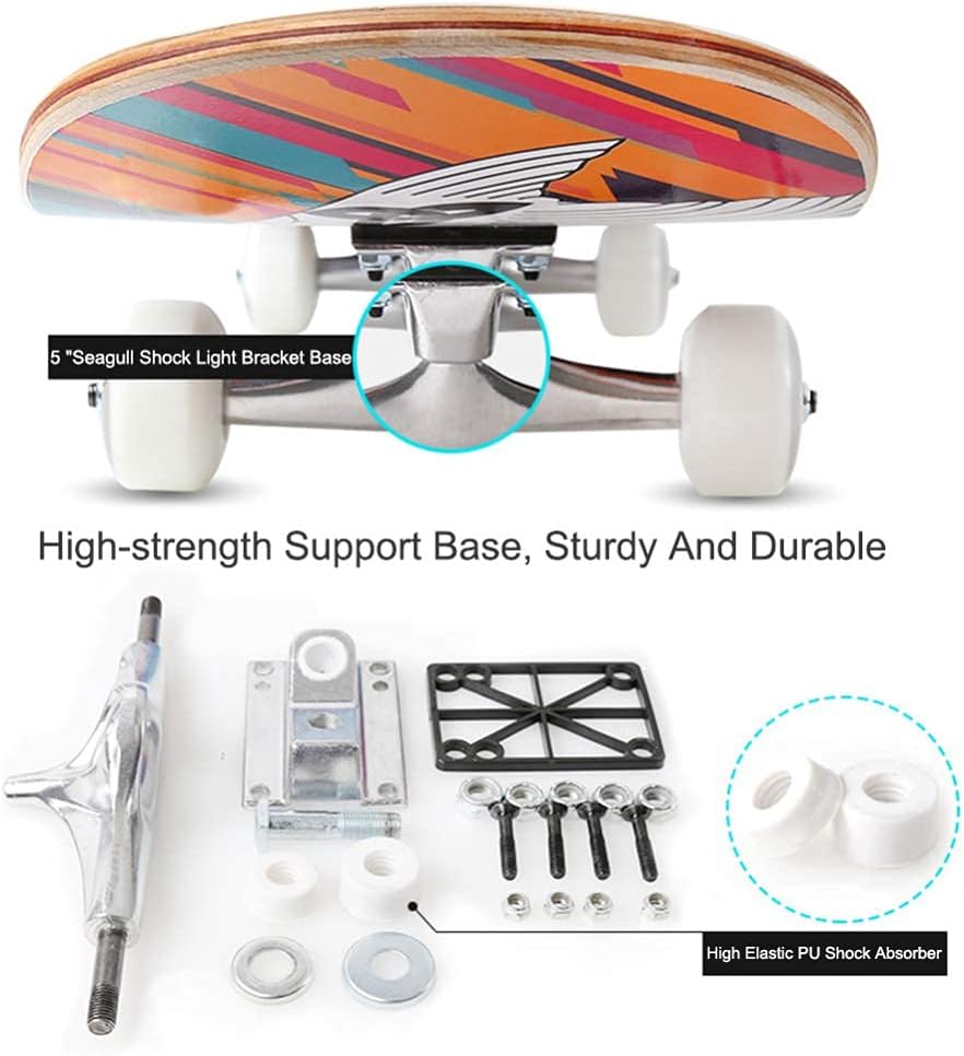 Complete Skateboard - 7-Ply Chinese Maple Wooden Skate Board - Perfect for Kids and Beginners Learning New Stunts and Tricks Skateboard Cruiser Retro Skateboard Wheels with All-in-One Skat (D)