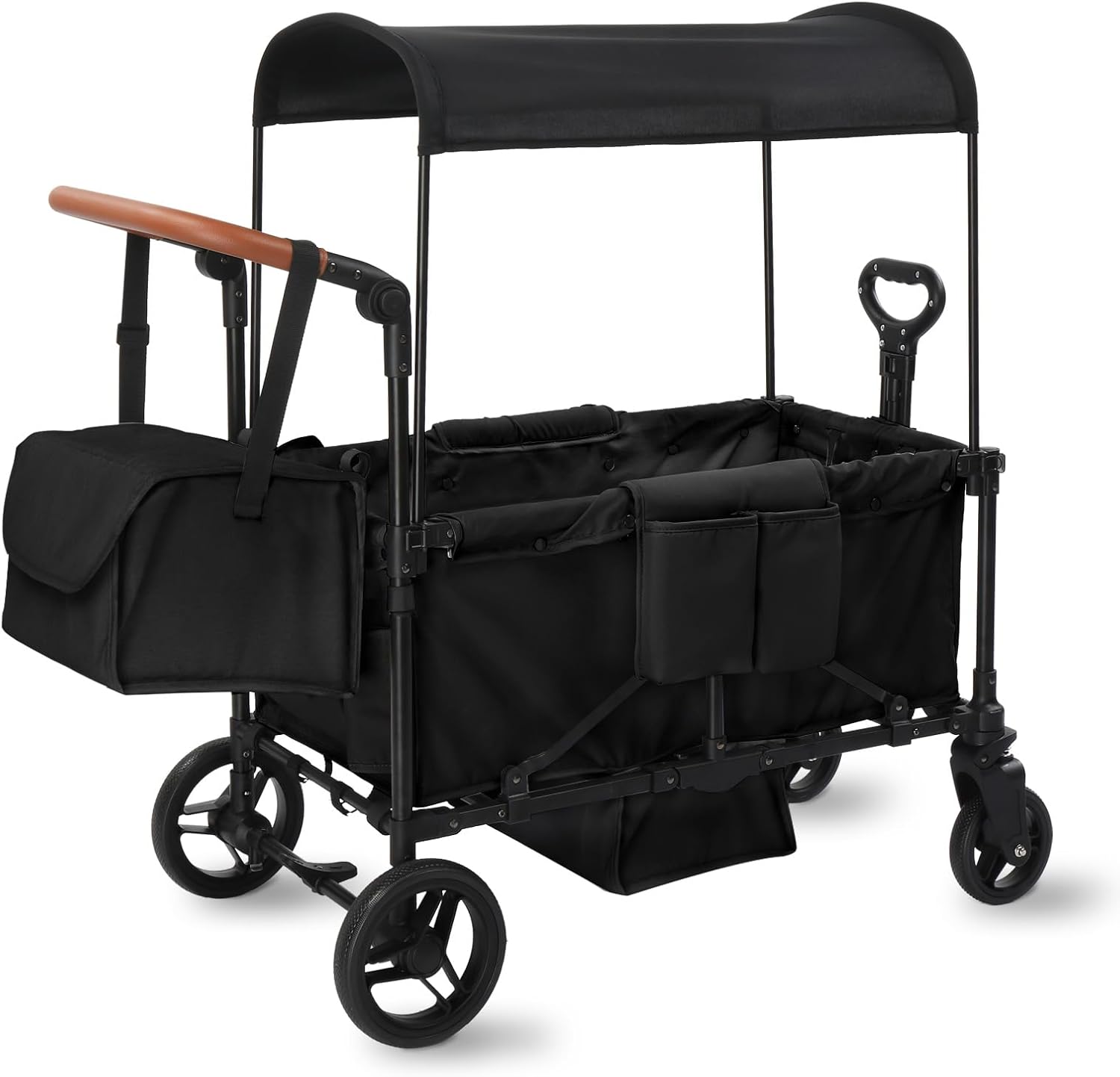 Stroller Wagon for 4 Kids with Footwell, Foldable All-Terrain Wagon Stroller with Adjustable Push/Pull Handle, Parent Organizer, 5-Point Harness, Ideal for Outdoor Adventures (Black)
