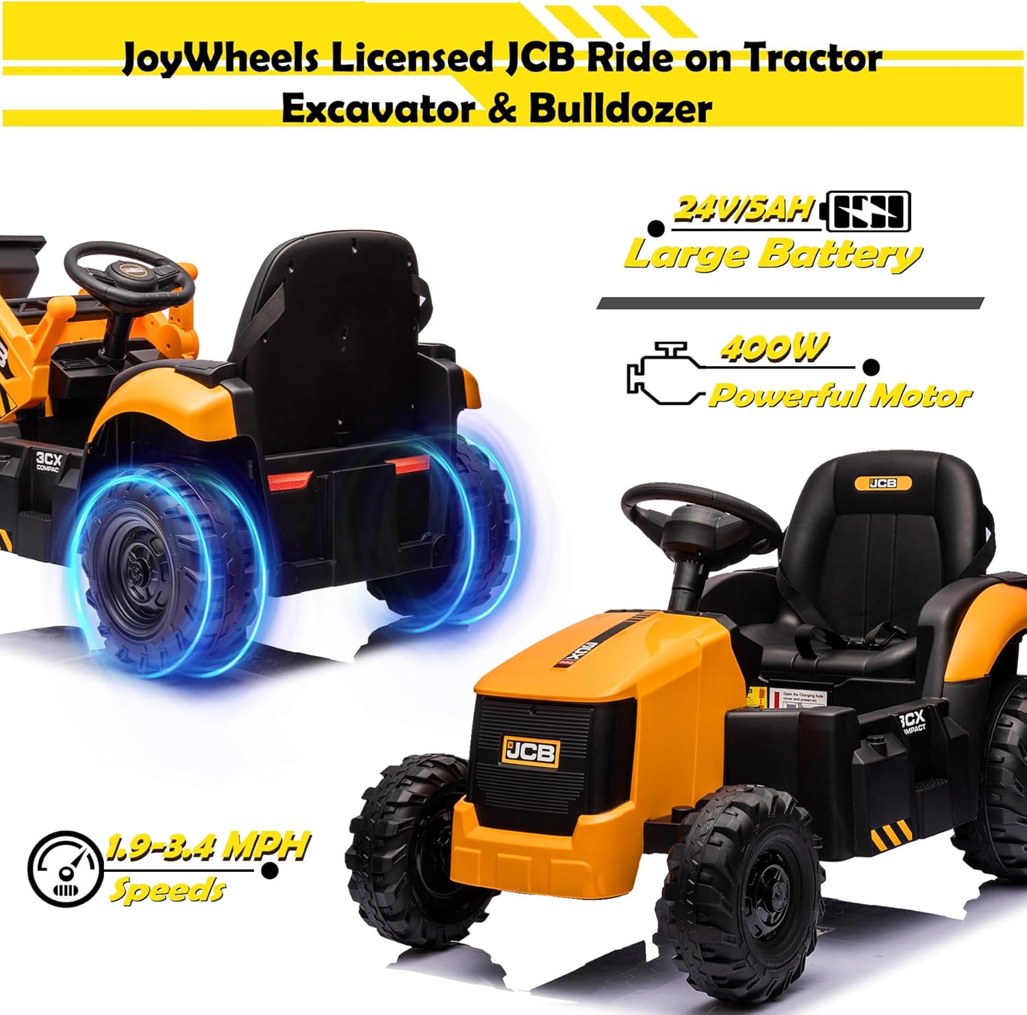 24V 3 in 1 Ride on Tractor, Excavator & Bulldozer, Licensed JCB 400W Powerful Motor Electric Vehicle w/Front Loader, Shovel Bucket, Digger, Remote Control, Kids Ride on Car Toys, Yellow