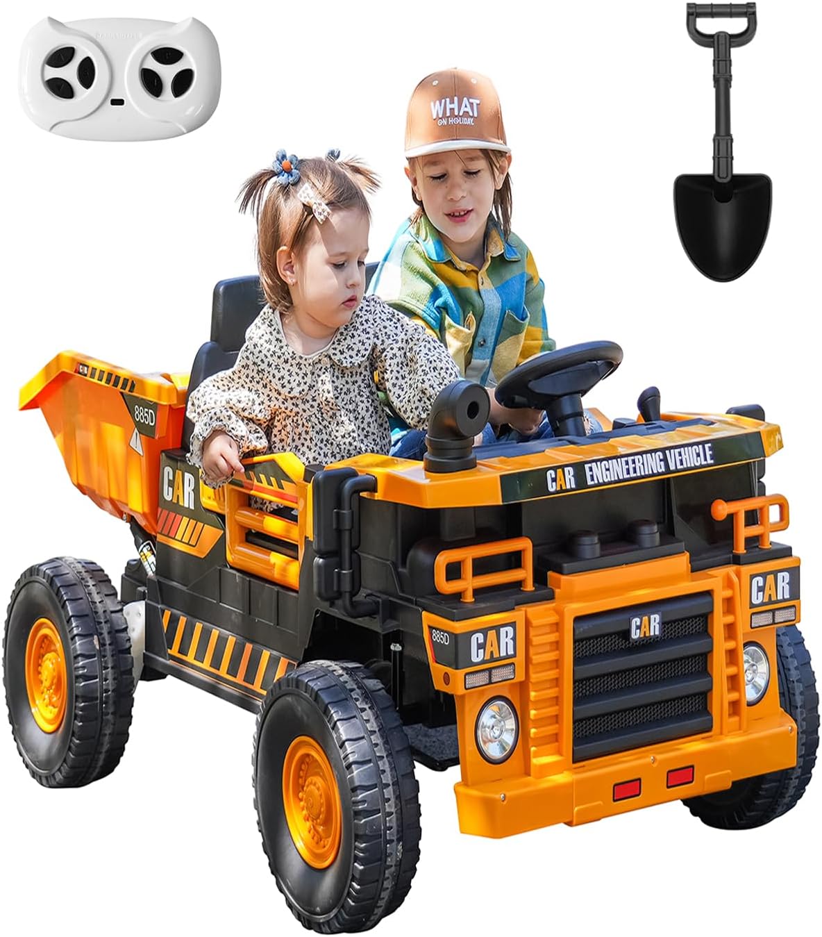 24V 2 Seat Ride on Dump Truck, 20in Ride on Toys for Big Kids, Construction Vehicles and Electric Dump Bed/Shovel, with Remote Control and Music,Key Start for Safety,Yellow