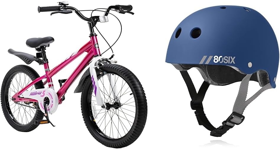 Royalbaby Freestyle Kids Bike 20 Inch Wheel Bicycle with 80Six Dual Certified Kids Bike Skate Scooter Helmet Navy Matte Small/Medium Ages 8+