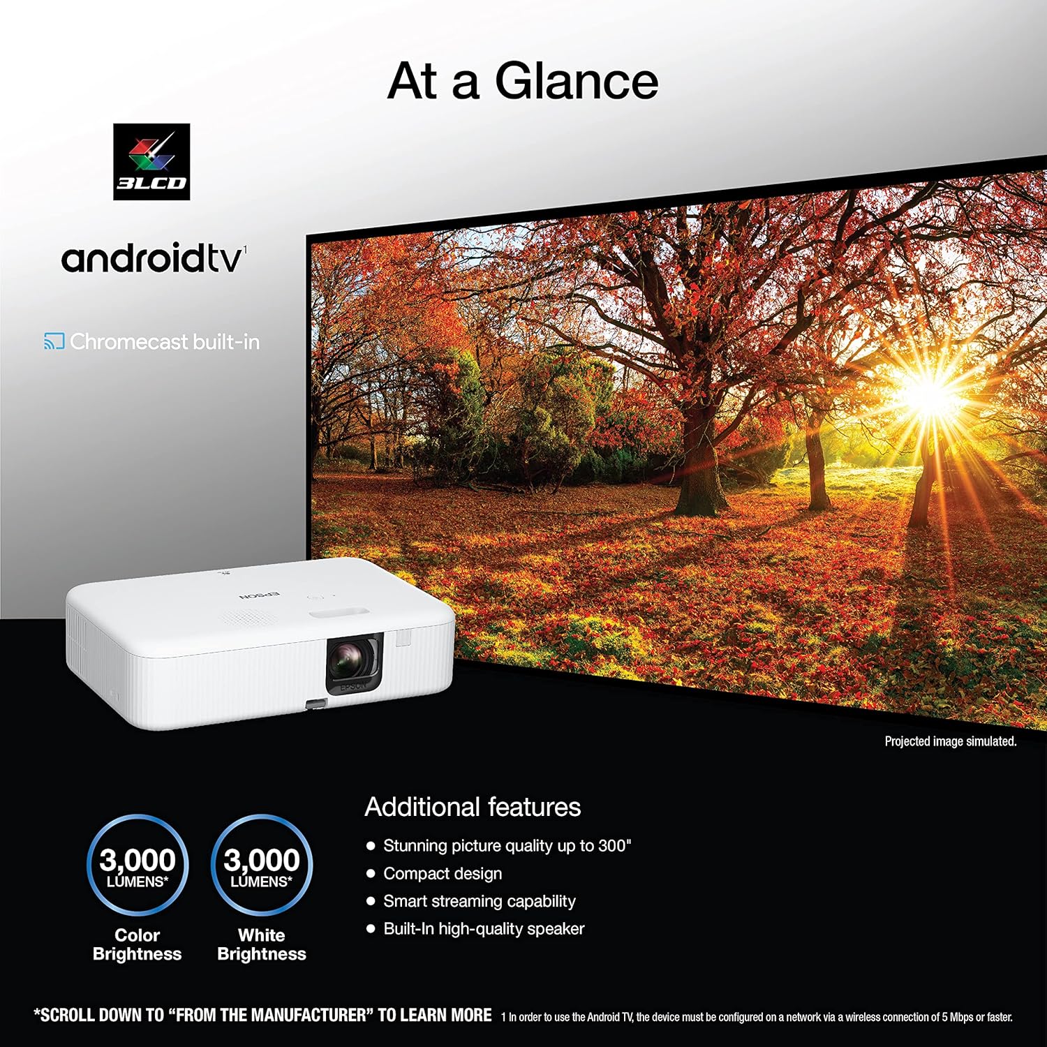 Epson EpiqVision Flex CO-FH02 Full HD 1080p Smart Streaming Portable Projector, 3-Chip 3LCD, 3,000 Lumen Color/White Brightness, Android TV, Bluetooth, 5W Speaker, Home Entertainment (Renewed)