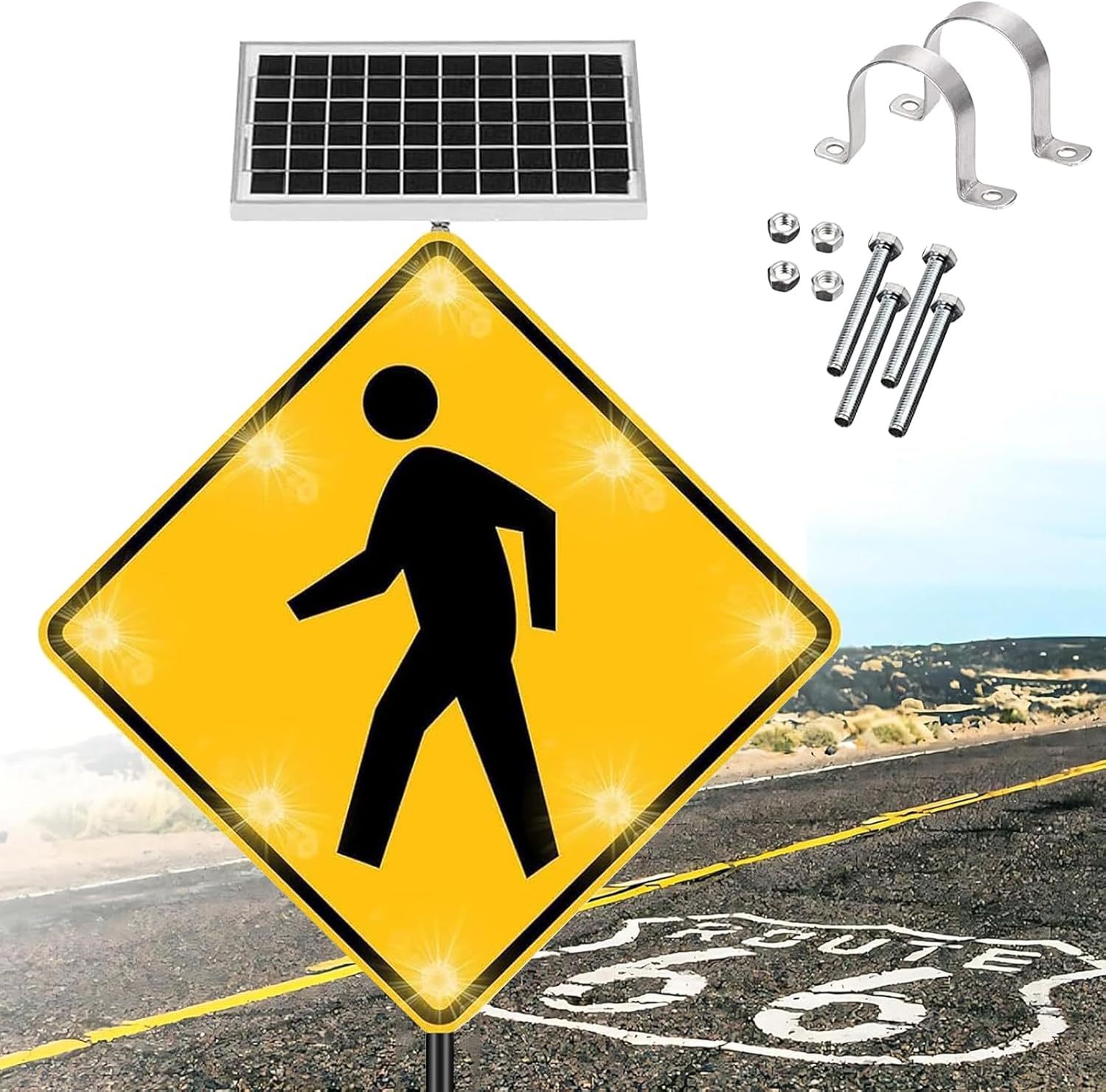 Solar-Powered LED Pedestrian Crossing Sign - 30