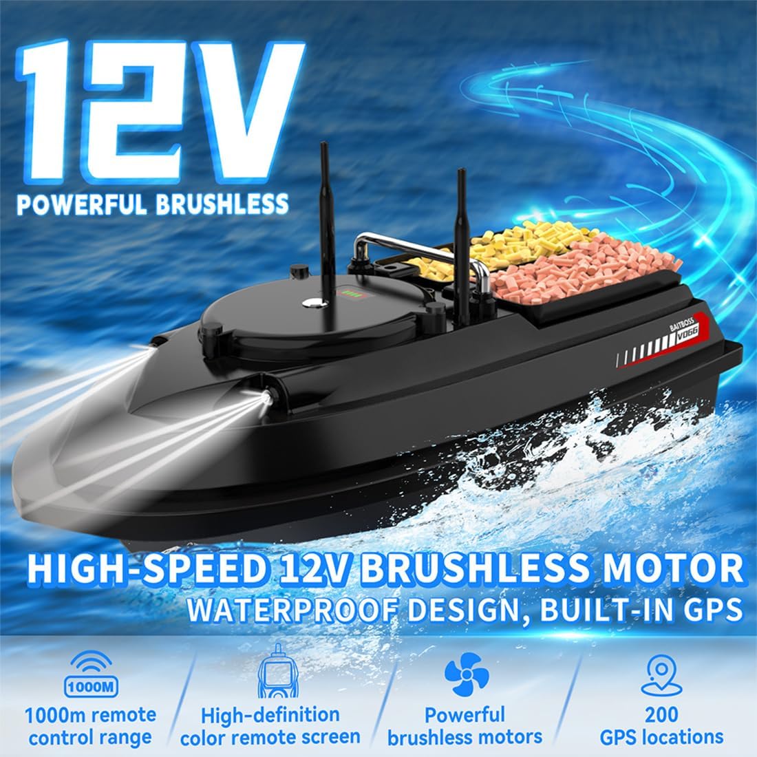 V066 Smart GPS RC Fishing Bait Boat for Pools&Lakes, Dual-Antenna High-Speed Brushless RC Boat with Led, Gyroscope, 3KG Loading Dual Hopper and 200 Waypoints, 1000M Distance, Gifts for Adults