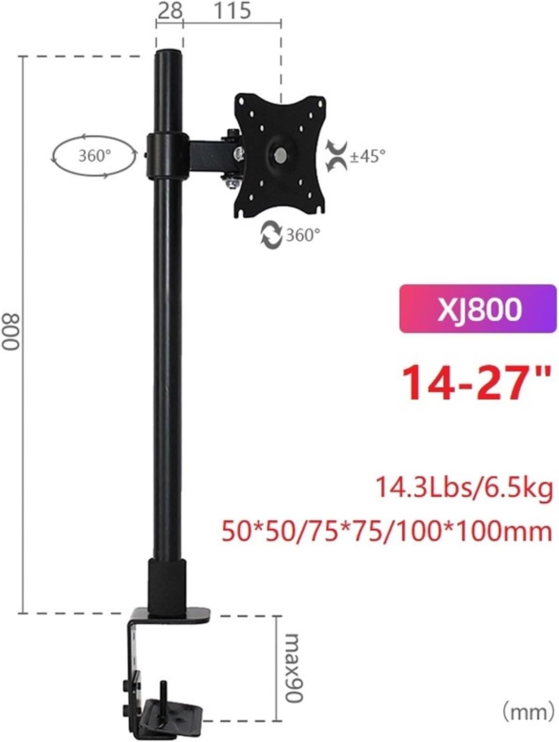 10-27 inch Steel Single Arm LCD TV Desktop Stand 360 Degree Rotation Monitor Desktop Stand 75 100 Full Motion Stand White(XJ800-01)