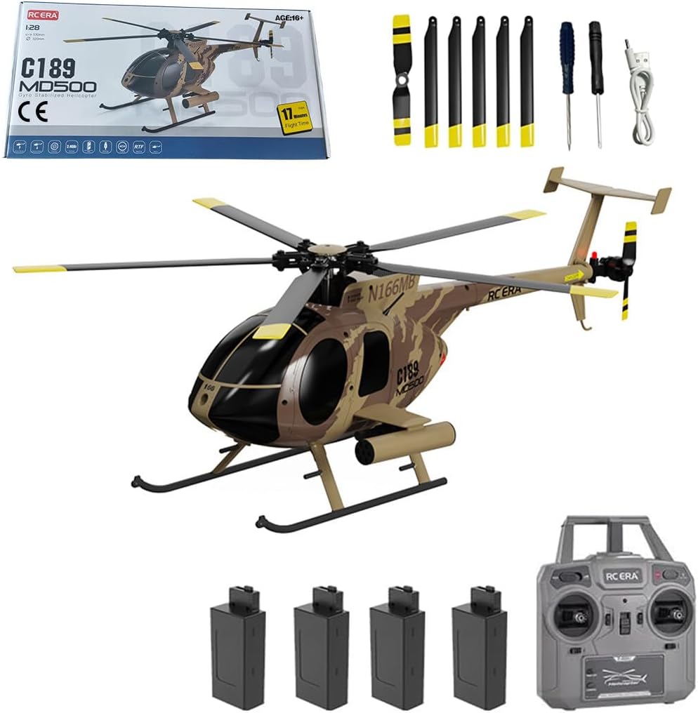 C189 MD500 RC Helicopter, 1/28 2.4G 4CH Single-Rotor Remote Control Helicopter with 6-Axis Gyro and Brushless Motor, RTF RC Aircraft for Adults Beginners, Camo/4 Battery