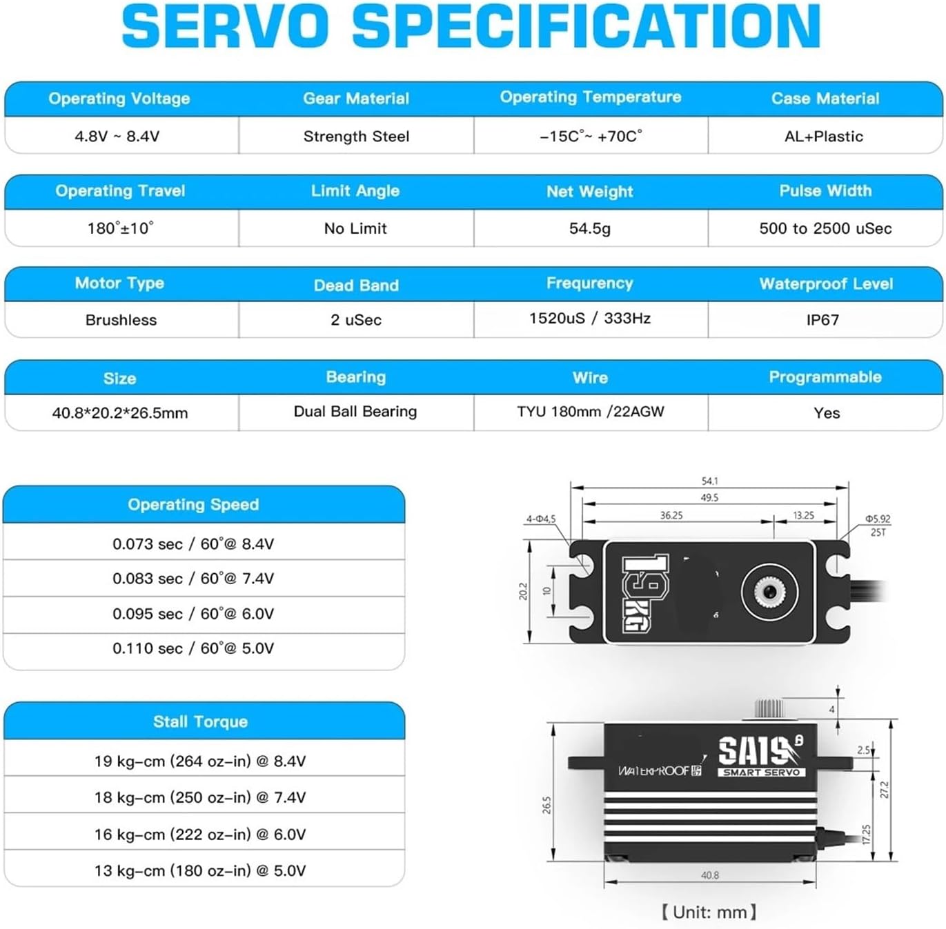 SA19 19KG Waterproof High Torque HV Low Profile Programmable Brushless Servo Winch Suitable for 1/10(Standard Mode Set 5)