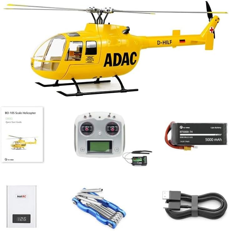 FlyWing BO-105 Scale Four Blade Metal Rotor Head & 10CH Transmitter - Remote Control Helicopter, GPS & 3D Mode Outdoor RC Helicopter RTF for Adult, Beginners (Yellow (BO105-RTF-Y))