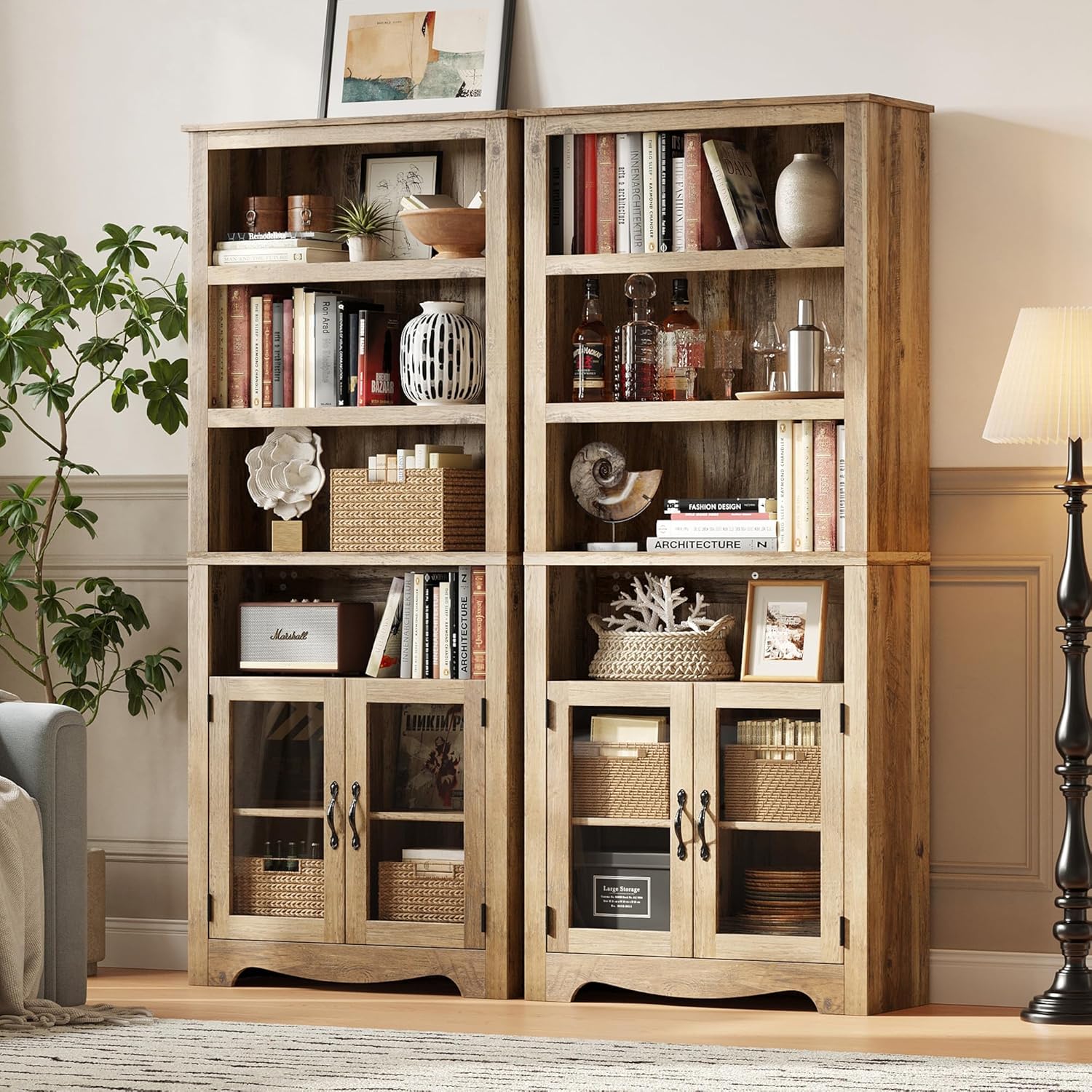 LINSY Bookshelf with Doors, 6 Shelf Bookcase Tall Bookshelves, 73