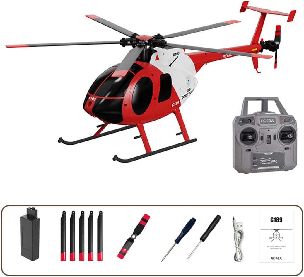 C189 MD500 Little Bird RC Helicopter for Adults - 1/28 Scale 6CH Remote Control Helicopter with Brushless Motor, 6-Axis Gyro & Optical Flow, One-Key Takeoff/Landing - Red,2 Battery