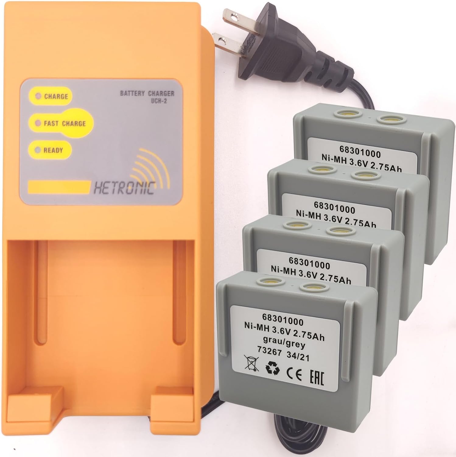 (4Pcs Battery with Charger) 68301000 68300900 Battery Charger UCH-2 (Input 90-270VAC Out 300/780mA) with 3.6Volt 2750mAh 68301000 Batteries, Hetronic 68301000 (68300900) Battery with Charger