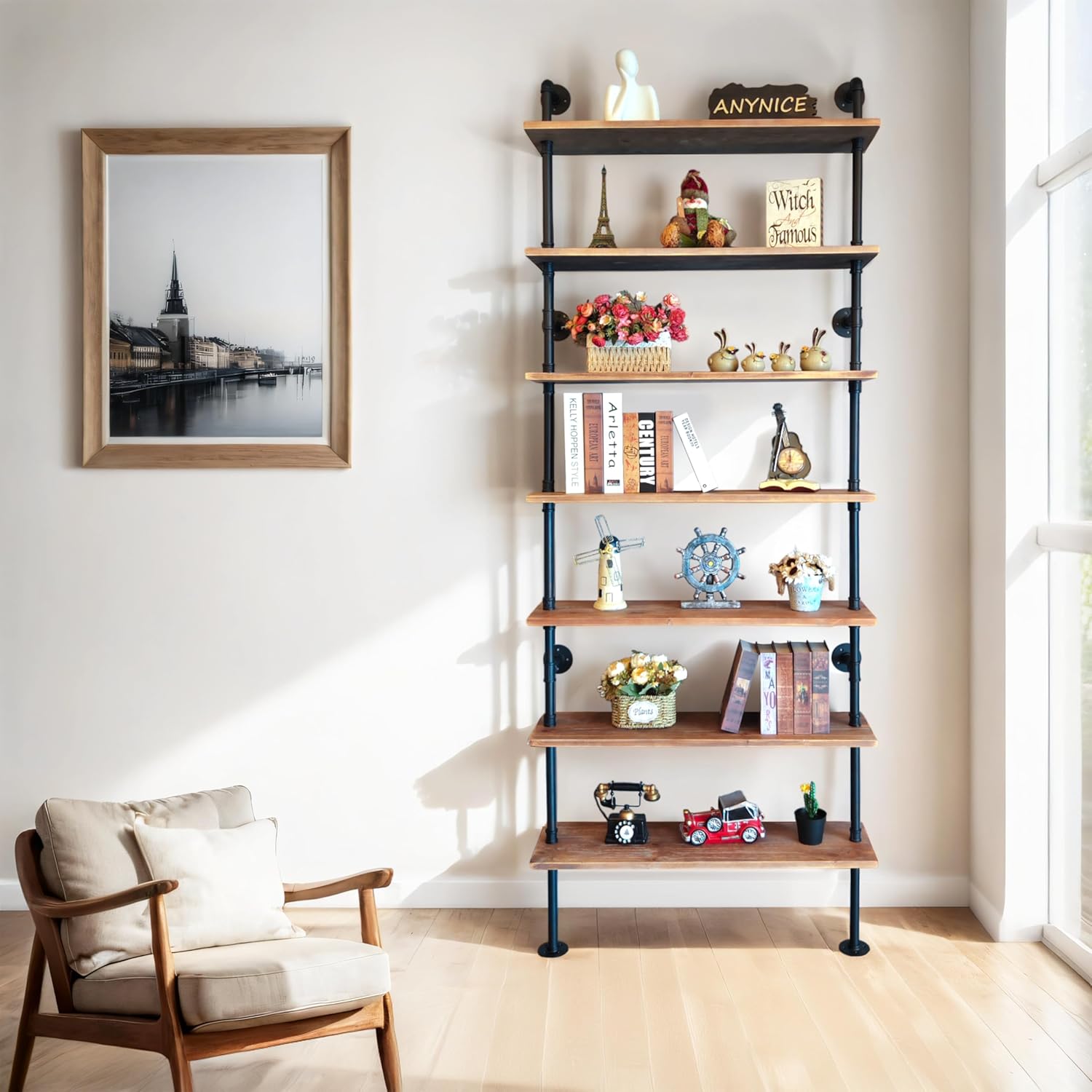 Anynice 7 Tier Industrial Wall Mounted Ladder Shelf Bookcase, Rustic Wood Metal Pipe Industrial Shelves for Living Room Decor and Storage (Weathered Brown, 7 Tier - 10