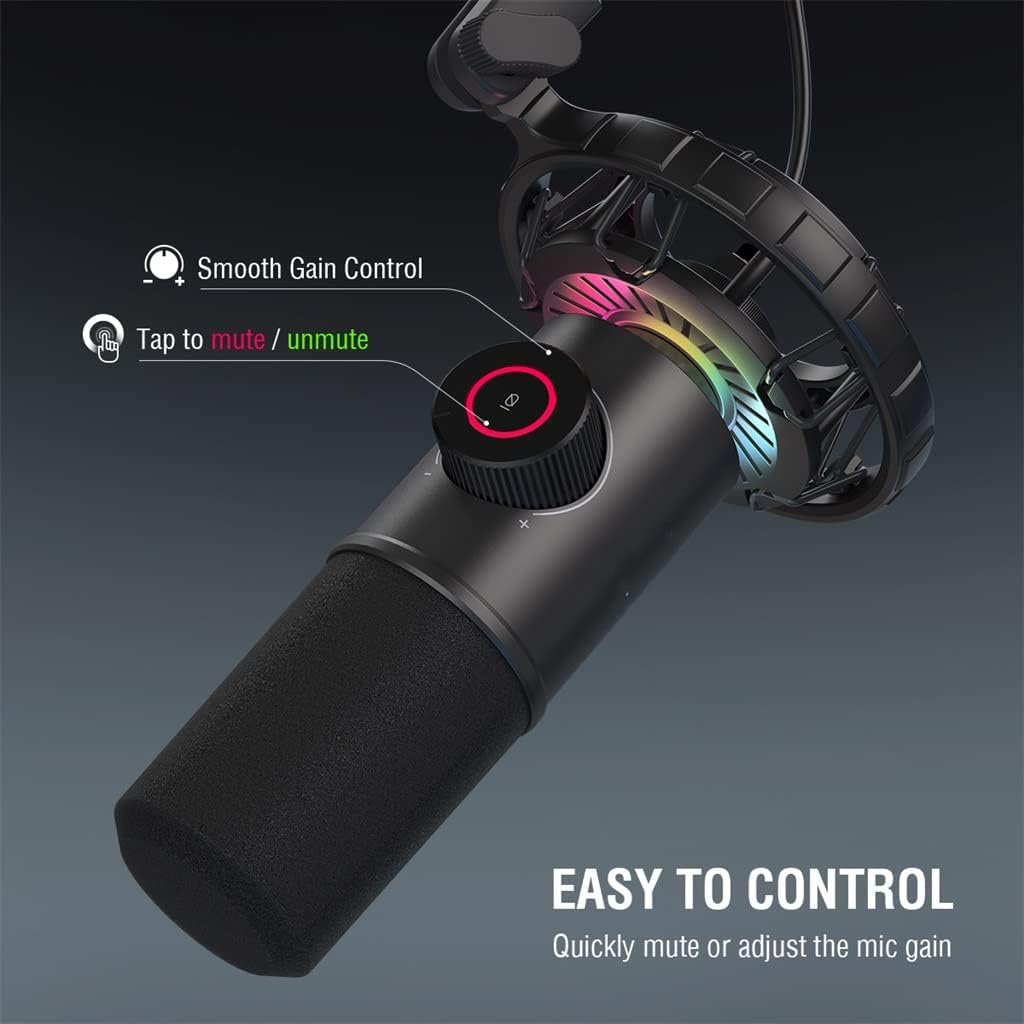Dynamic Microphone for Computers, USB Microphone forGames, with Click-Mute Button/RGB Light/Headphone Jack (A
