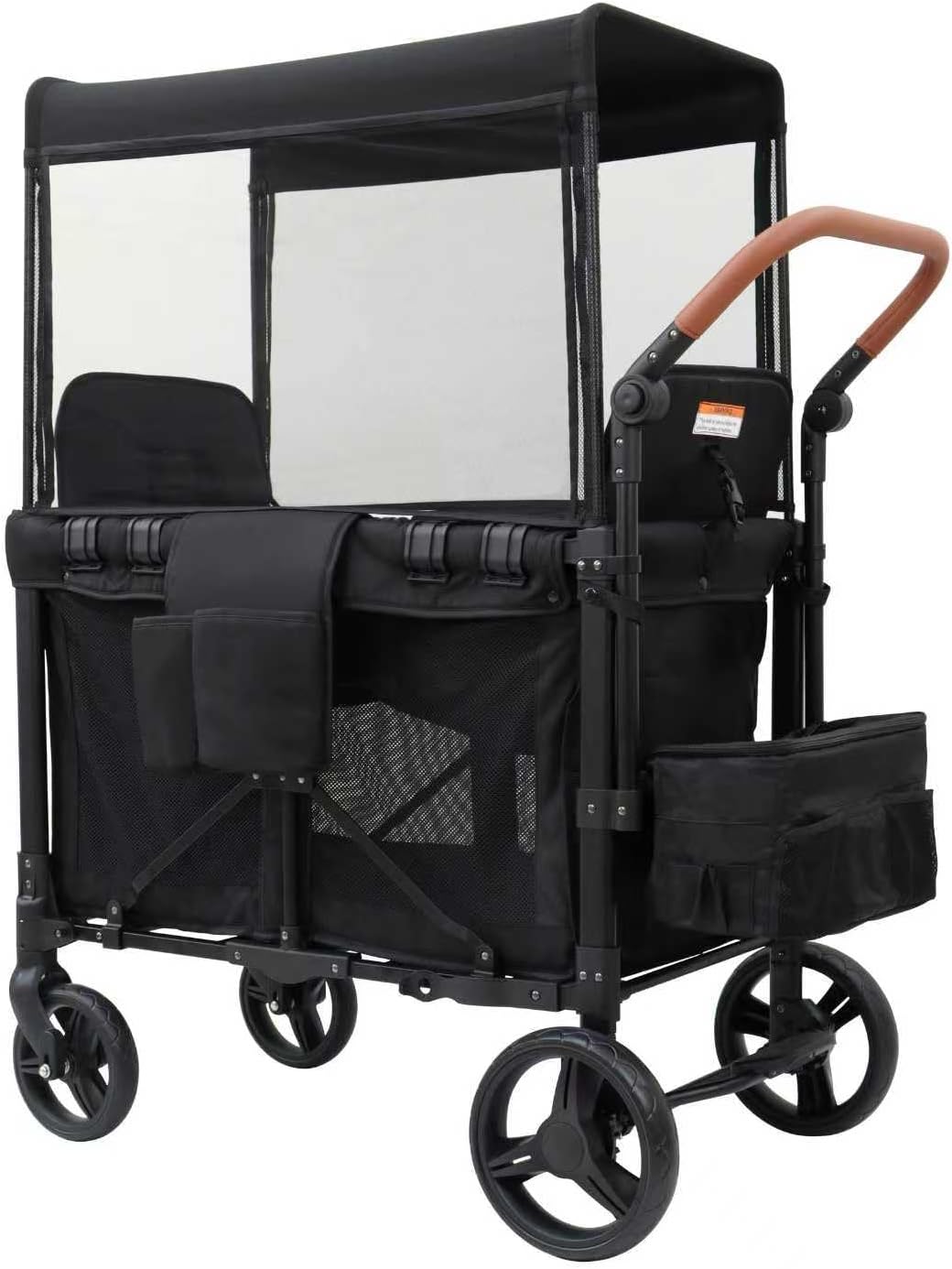 Wagon Stroller for 2 Kids, Double Seater Push Stroller with Canopy & Ventilation Mesh | Push Pull Wagon for Kids with Removable Seat Pads, One-Hand Fold & Large Storage (Black)