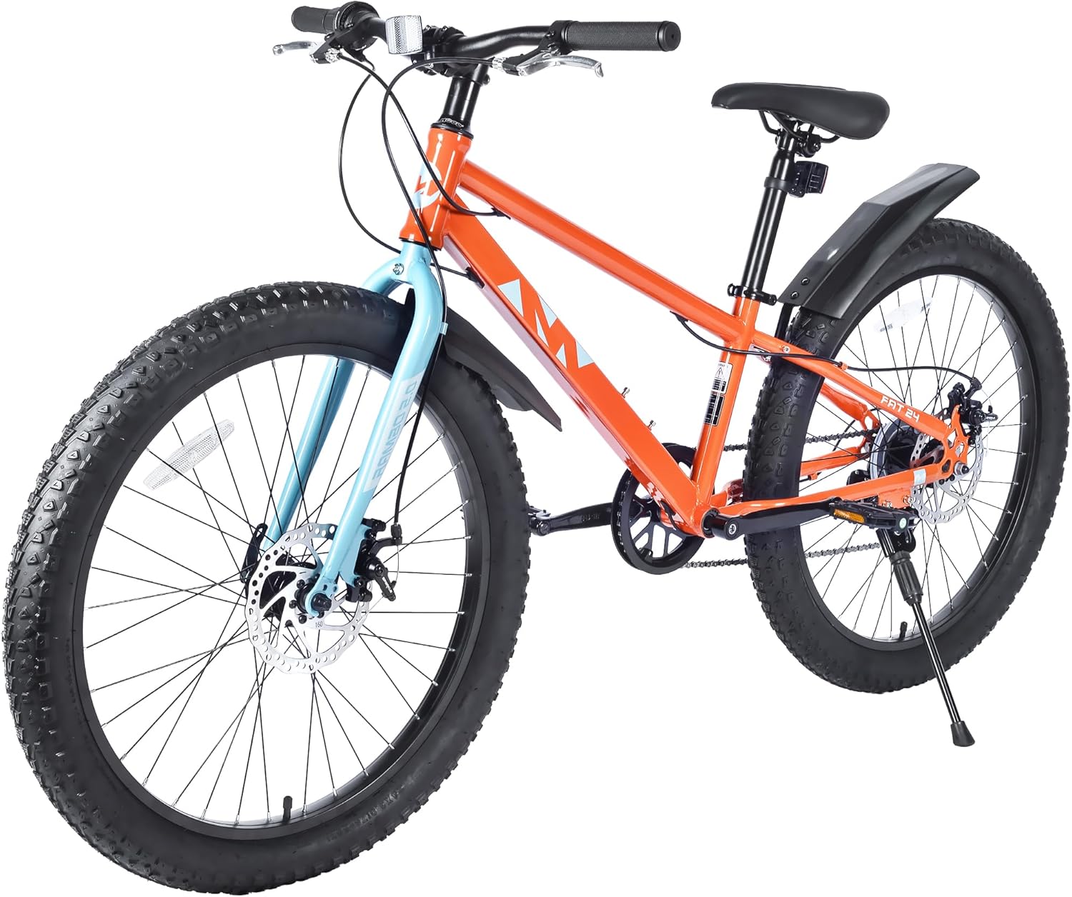 24x3.0 Fat Tire Kids Mountain Bike Snow Bike Beach Bike for 10-15 Years Old Steel Frame Disc Brake Bike 7 Speeds, Orange&Blue