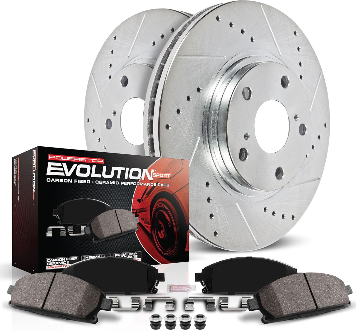 Power Stop K8418, Z23 Front Brake Kit-Drilled/Slotted Brake Rotors & Carbon Ceramic Brake Pads For GS200t, GS300, GS350, GS450h, RC200t, RC300, RC350 [Model Specific]