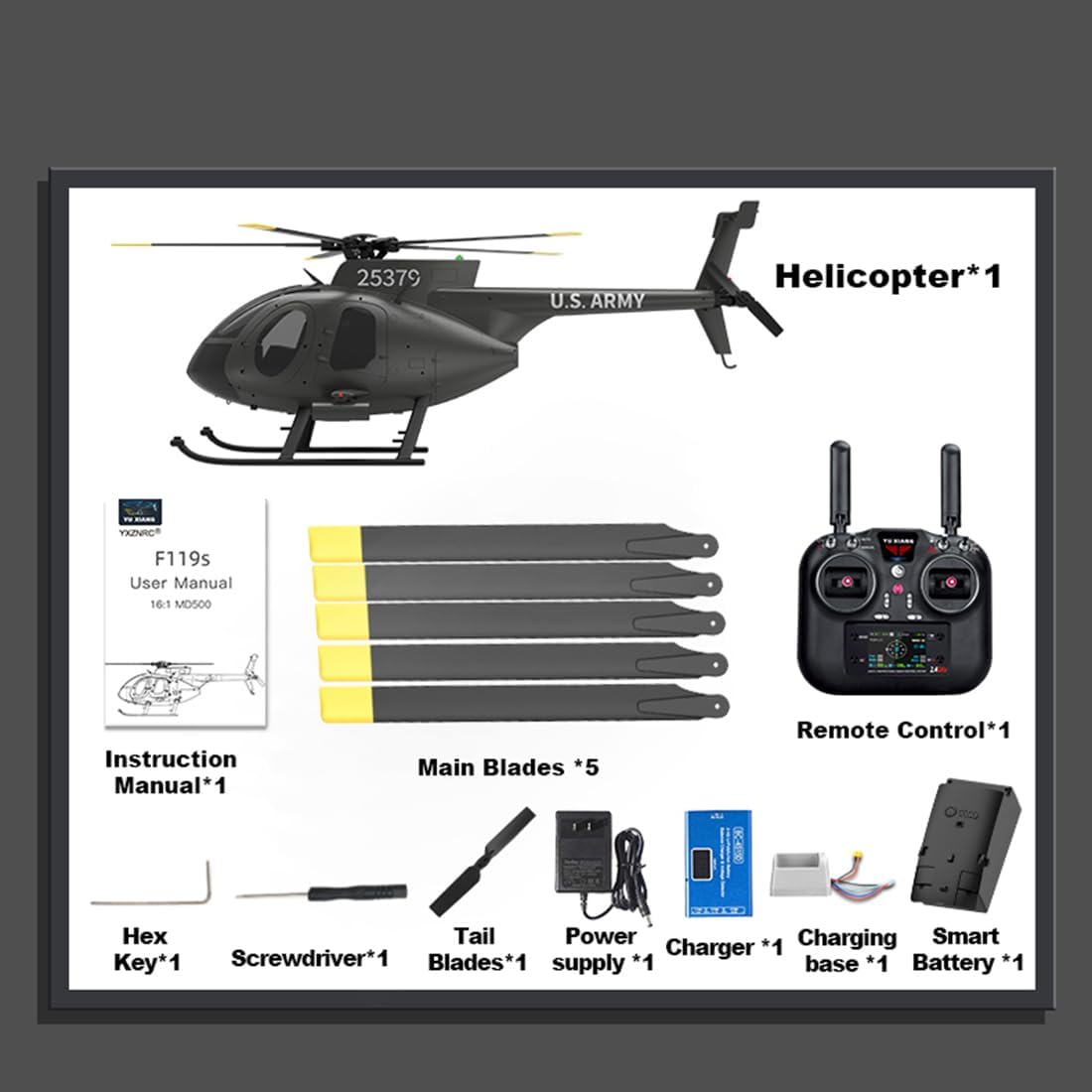 YU Xiang 1/16 RC Helicopter, F119S MD500 250-Class 2.4G 9CH RC Little Bird Military Helicopter Model with Flybarless Rotor Head, 6G/3D Switchable Modes and Openable Cockpit (RTF Version)