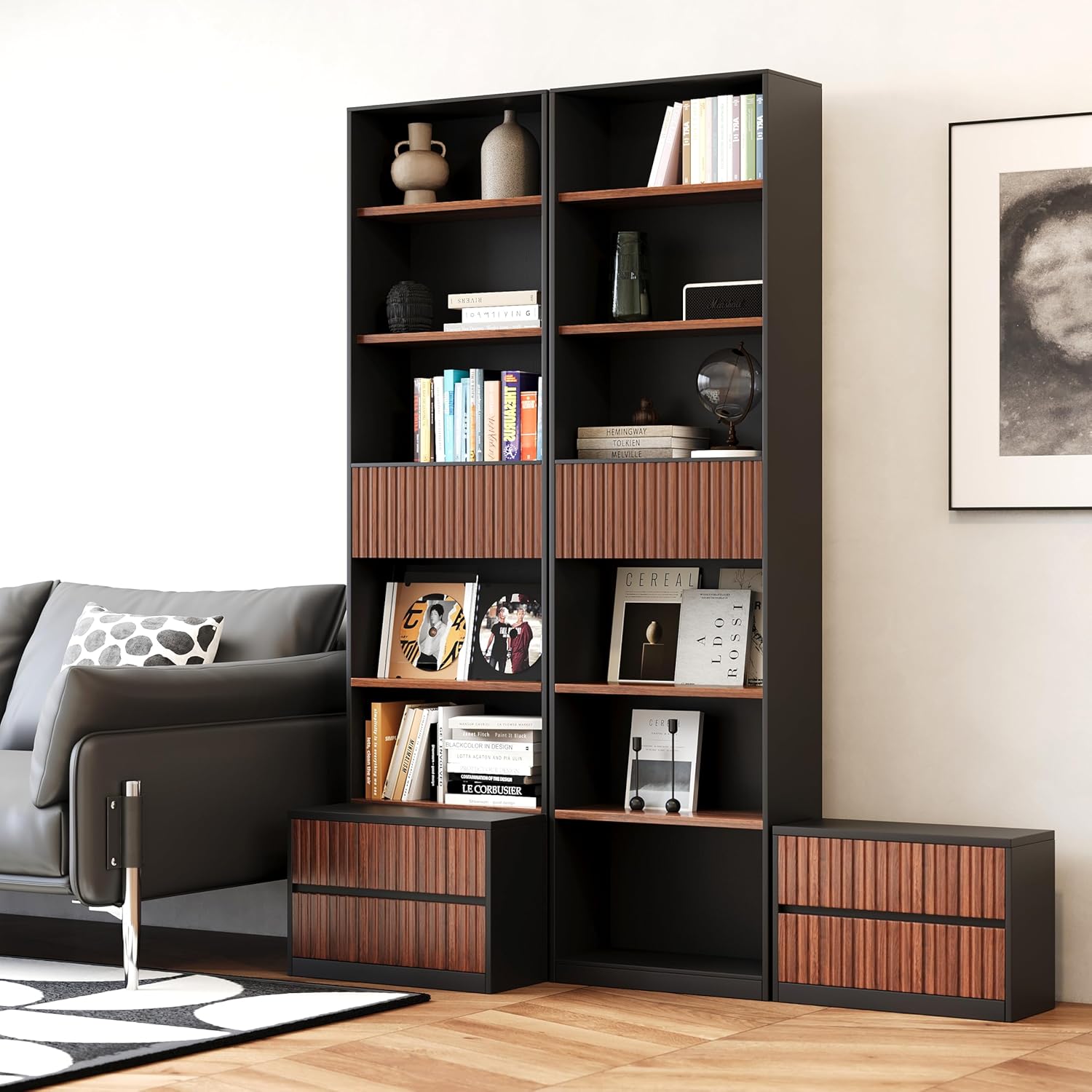 Trroec 85-inch Bookcase Two-Piece Set, with 10 Storage compartments, 6 Drawers and a Movable Drawer Stool, Suitable for Home, Office, Living Room and Study Wooden Bookshelves, Dark Brown